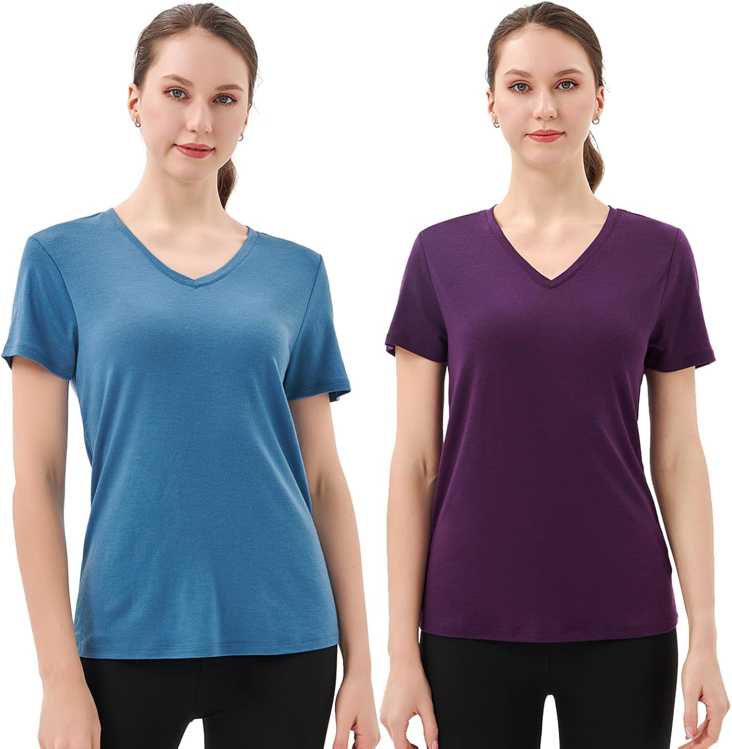 Merino Protect 100% Merino Wool V Neck T-Shirt Women Short Sleeve Shirts Odor Resistance Tops for Outdoor Hiking 2Pack