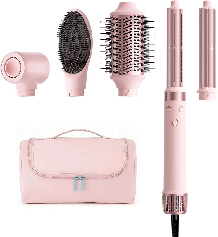 5-in-1 Dual Voltage Hair Dryer Brush for Travel with Storage Bag | Travel Hot Air Styler, 100V-240V Hair Styler for Home and Travel, Auto-Wrap Curls, Volume, Smooth Styling,Peach Pink