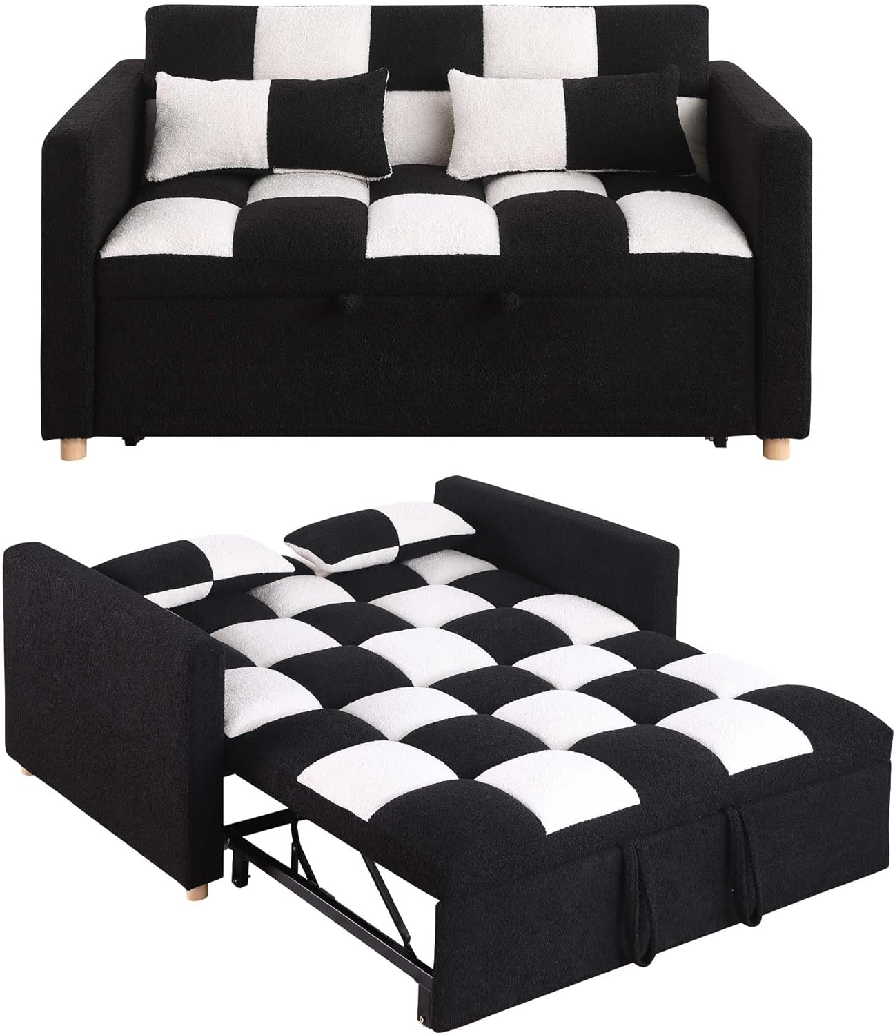 Loveseat Sleeper Sofa Bed Pull Out Couch with Adjustable Backrest and Soft Teddy Fabric, Deal for Living Room and Small Spaces, Black and White