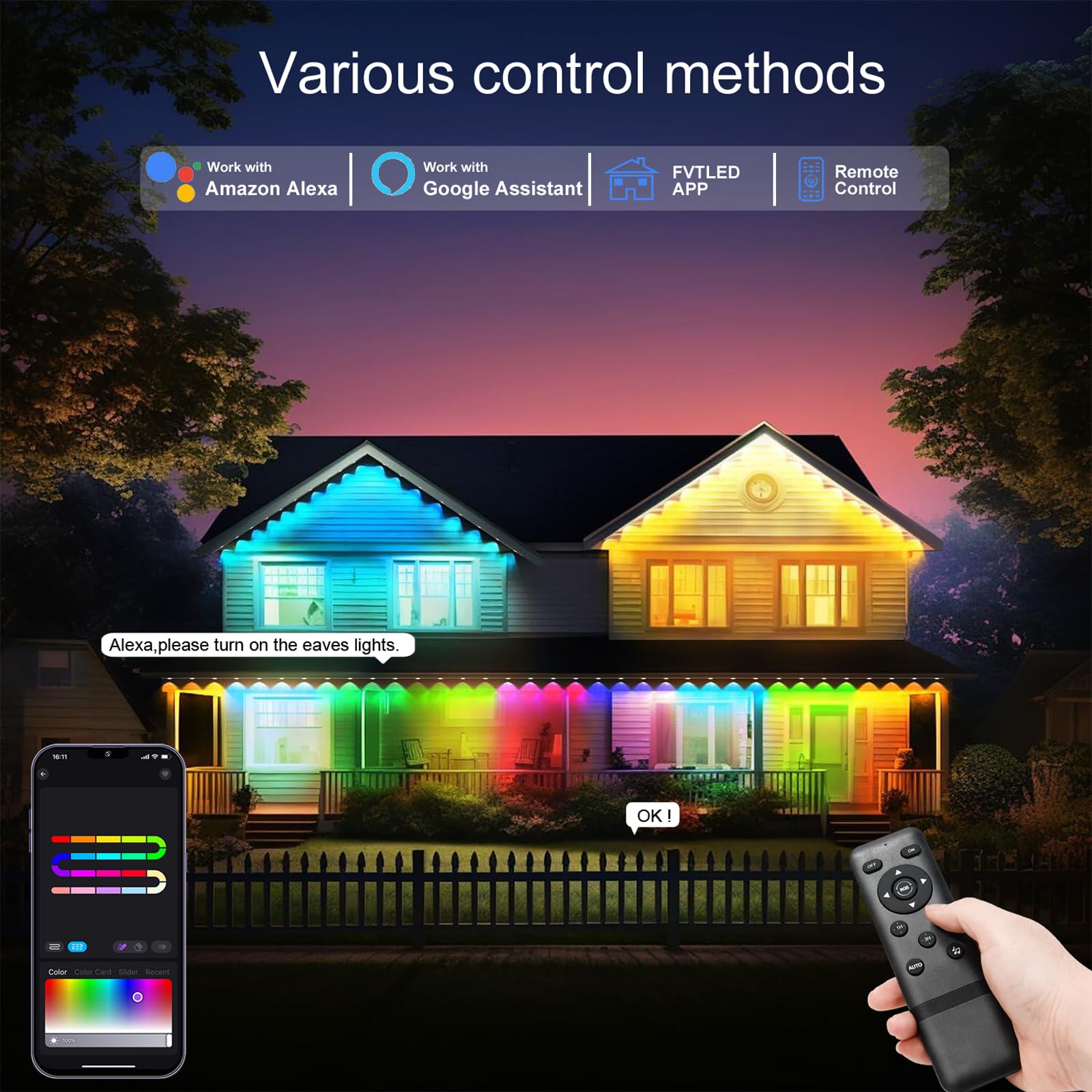 WIFI Permanent Outdoor Lights 15M,RGB Smart IC Outdoor Christmas Lights with Scene Modes Waterproof 36 LED Eaves Lights,Work with Alexa/Google Assistant,Outdoor Lighting for House Festival Deck Daily - Image 4