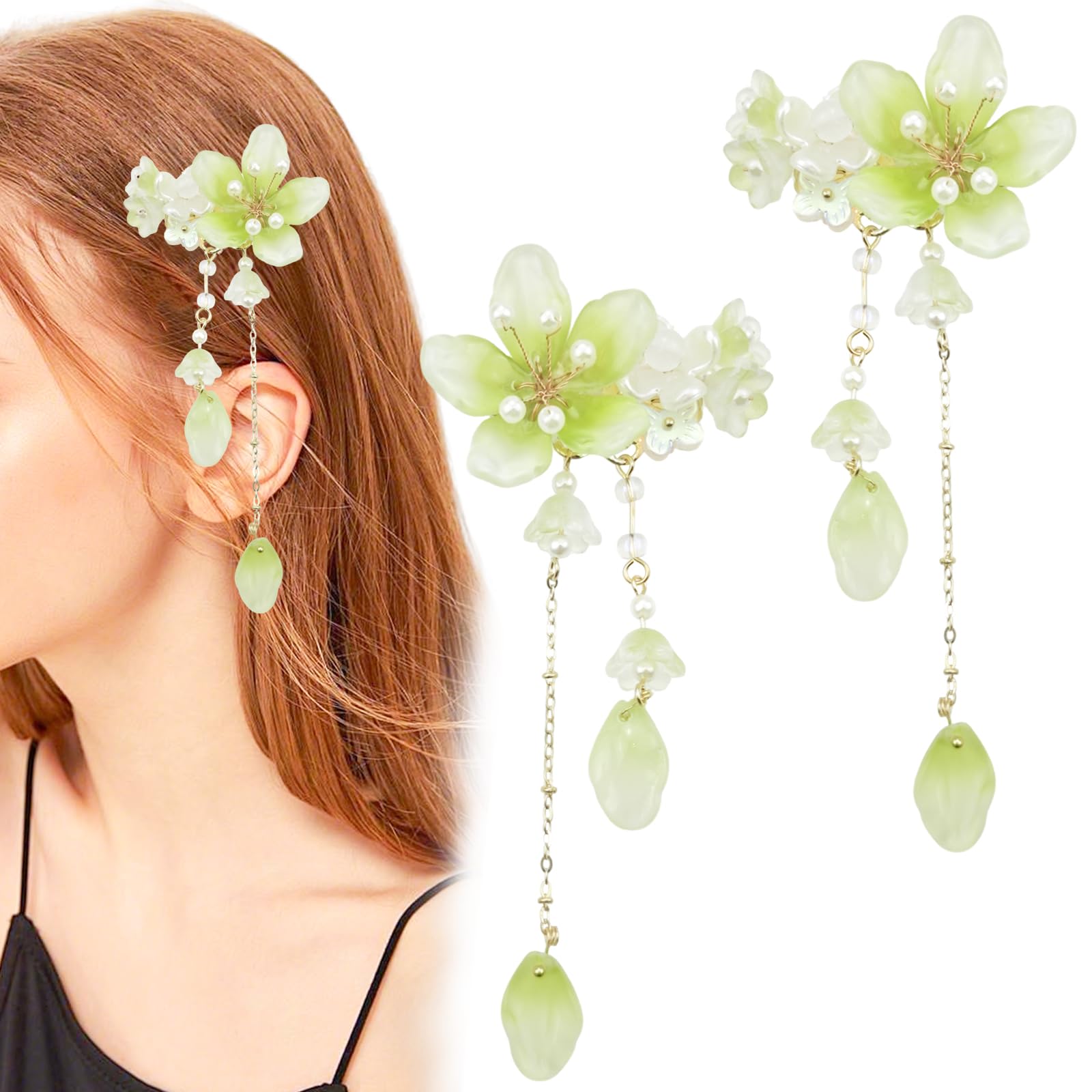 1 Pair Handmade Green Chimes Flower Pair Clip, Light Green Pearl Floral Dangles, Traditional Asian Style Hair Accessories for Hanfu, Chinese Korean