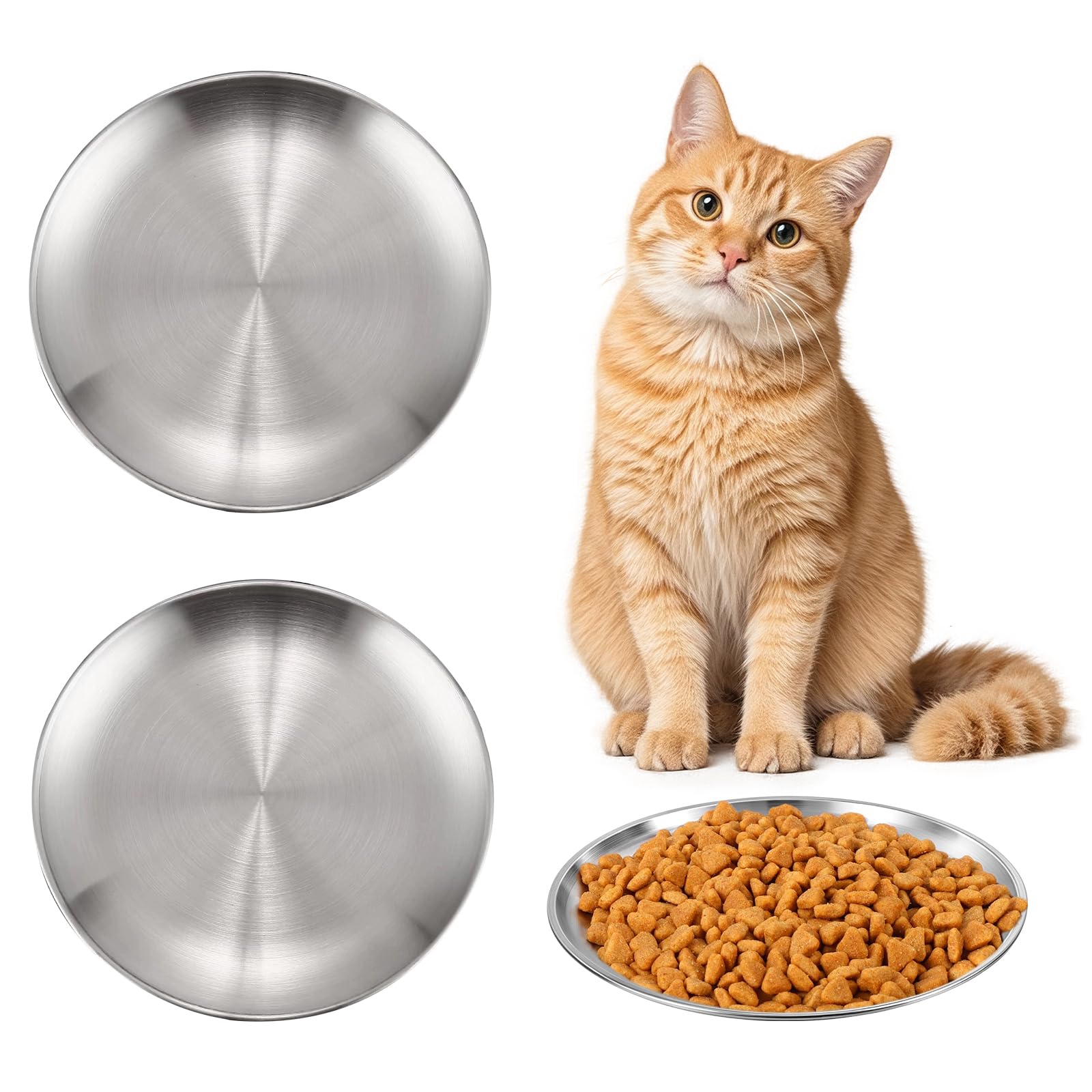 2pcs Cat Food Bowls, Stainless Steel Non-Slip Cat Plates, Shallow Wide Cat Bowls for Indoor Cats, Whisker Friendly Kitten Food Bowls Wet & Dry Food