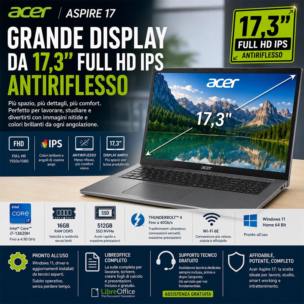Acer Notebook Aspire, Display 17.3" FullHD IPS, Intel Core i7-13620H, DDR5 | 10Core, 16GB DDR5, Thunderbolt 40Gb/s, SSD 512GB, Wi-Fi6, Win 11, Ready to Use, include alimentatore e libre office
