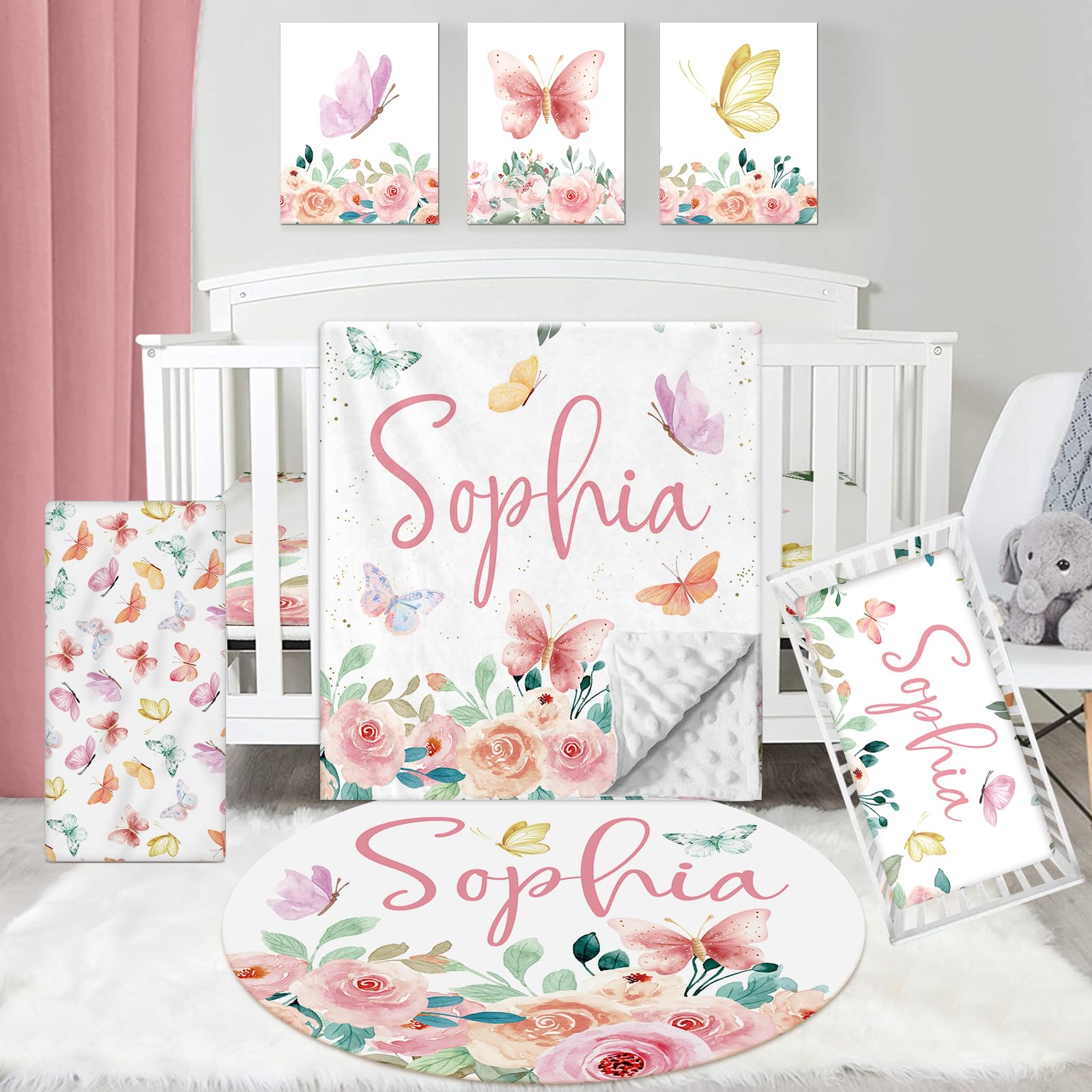 Dyoart Personalized Baby Bedding Set - 5 Piece Custom Baby Crib Set with Name, Double Layer Crib Bedding Set for Boys Girls, Pink Butterfly Nursery Bedding Set, Gift for New Parents Toddler Infant