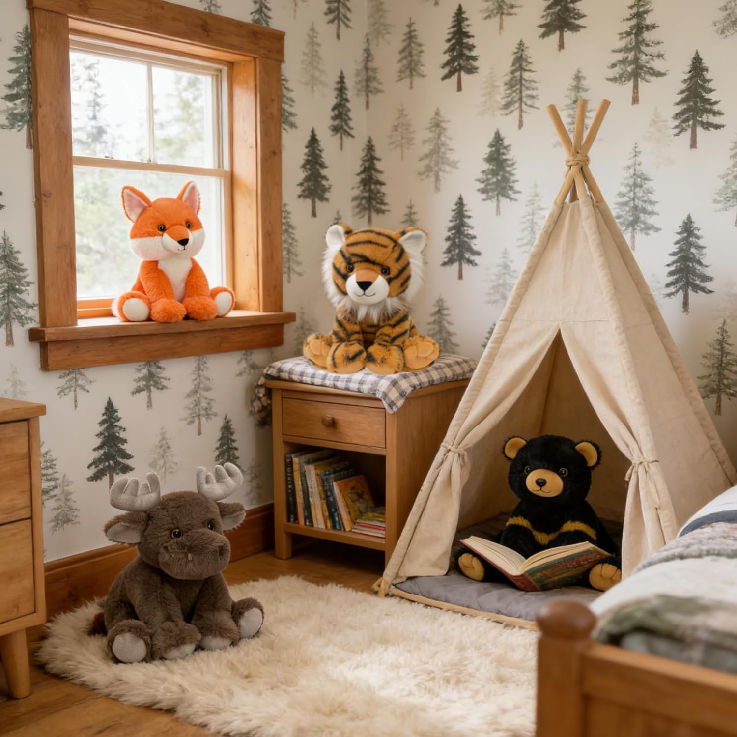 MorisMos 4 Pcs Woodland Stuffed Animals Bulk, 8 Inch Fox Black Bear Tiger Moose Forest Animal Plushies, Woodland Collection Party Favors Decorations Gifts for Kids