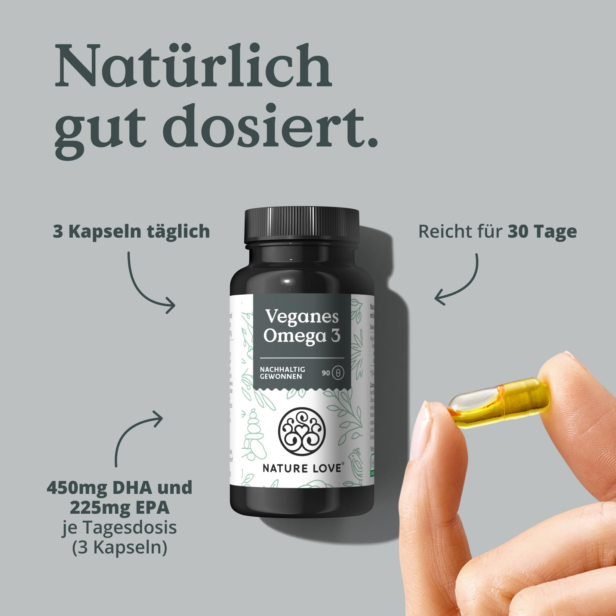 NATURE LOVE® Omega 3 vegan - hochdosiert mit 1.444 mg Algenöl pro Tagesdosis - 90 Kapseln - nachhaltig, laborgeprüft, produziert in Deutschland