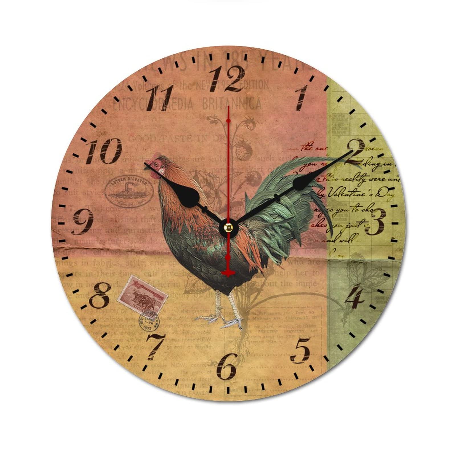 Horloge rétro en bois avec coq pendule murale silencieuse vintage de 38 cm