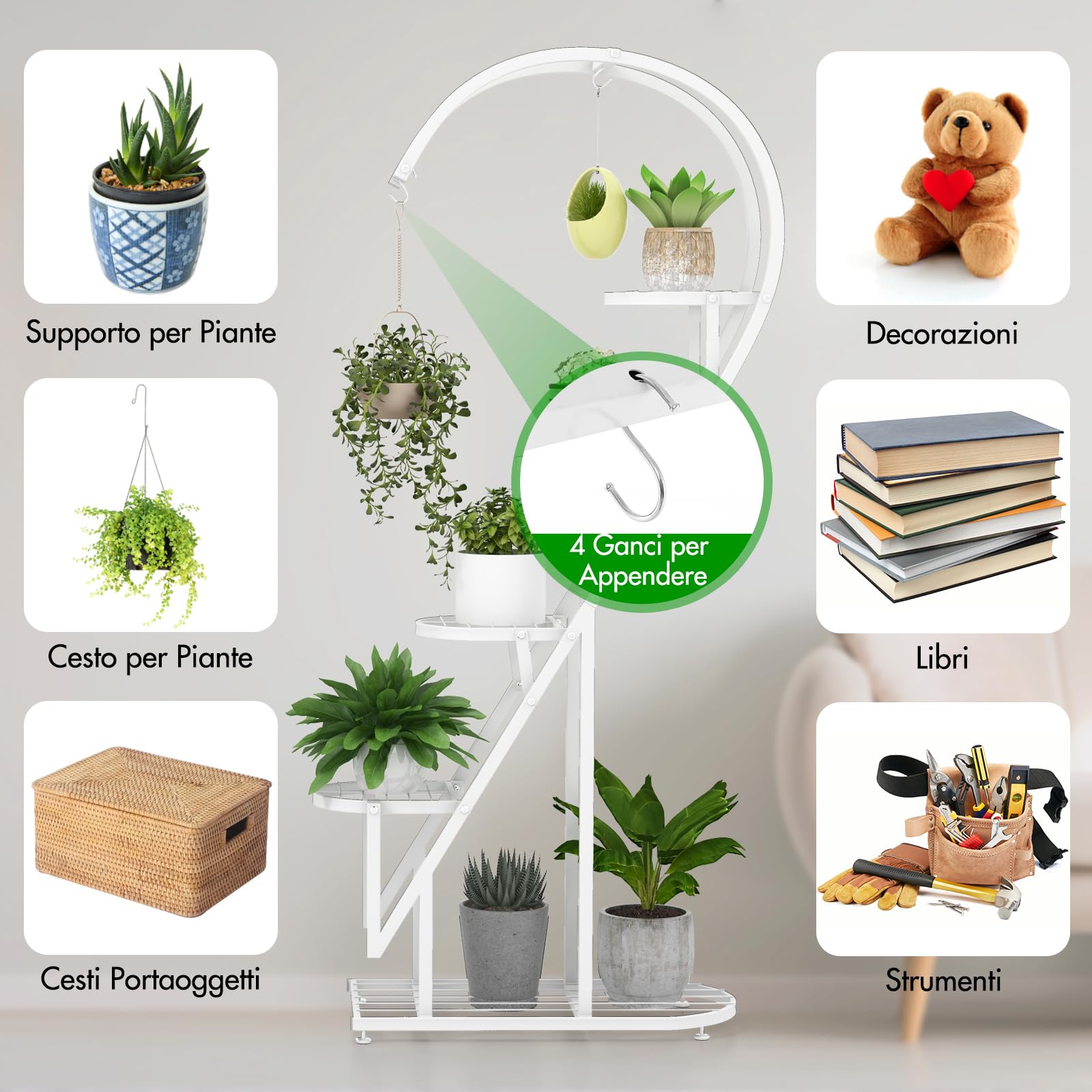 RELAX4LIFE Porta Piante a 5 Livelli, Scaffale per Piante in Metallo, Forma di Cuore, Supporto per Piante con 4 Ganci, Porta Vasi per Soggiorno e Camera da Letto (2, Bianco, Cuore)