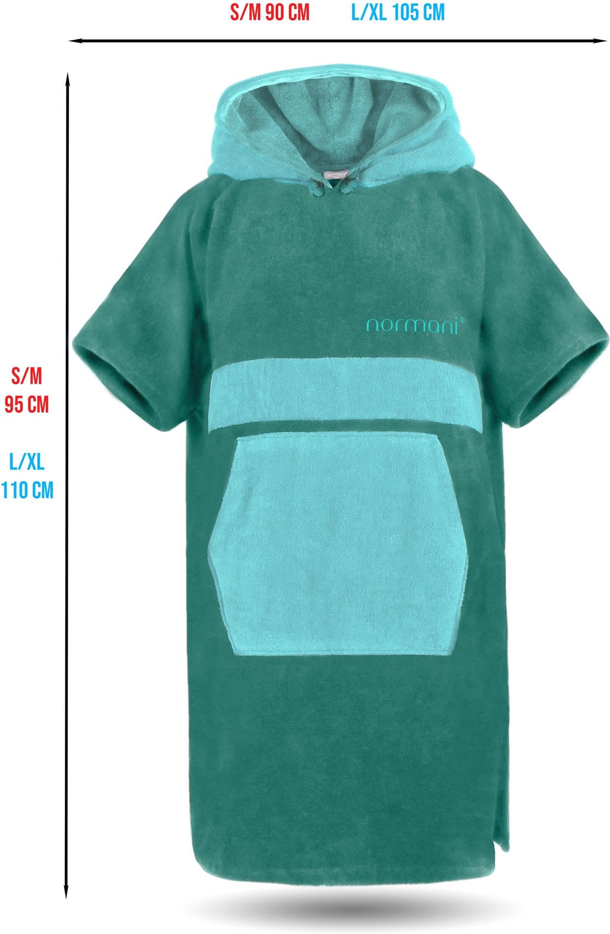 normani Baumwoll Surfer Poncho - Strandponcho - Handtuch-Poncho - Unisex Strand Umziehhilfe - geschlossener Bademantel für Damen und Herren Petrol/Türkis S-M