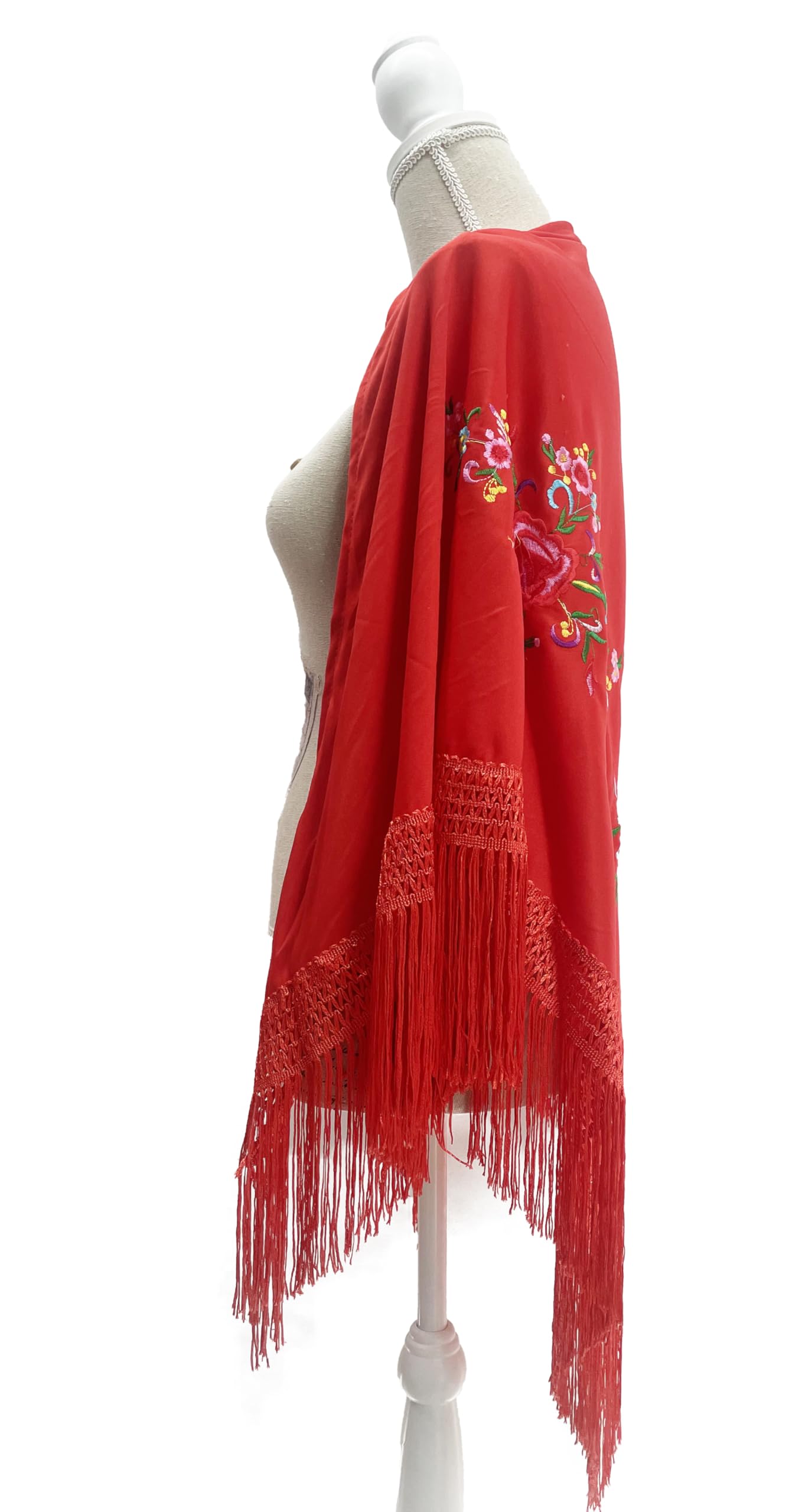 Mantón Bordado en Flores para Baile Flamenco Español, Set de Complementos Sevillana, Mantón, Collar, Flor y Peineta Flamenca para Adultos