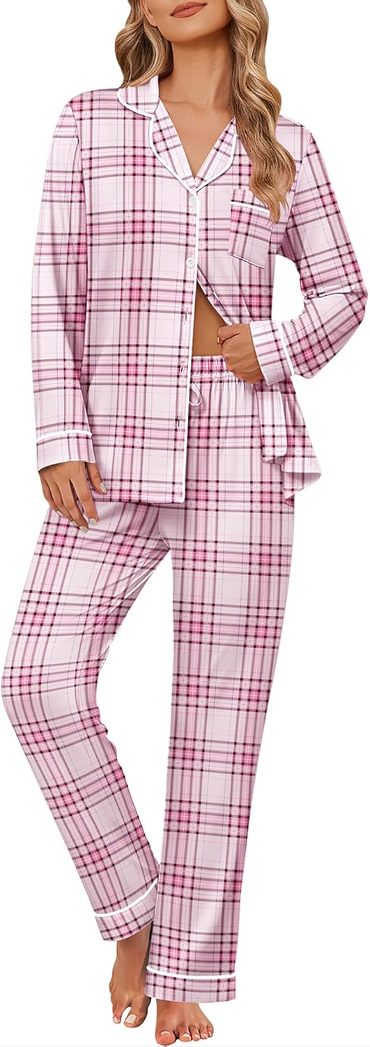 Ekouaer Women's Pajama Sets Soft Button Down Pj Sets 2 piece Long Sleeve and Pants Loungewear Set S-XXL