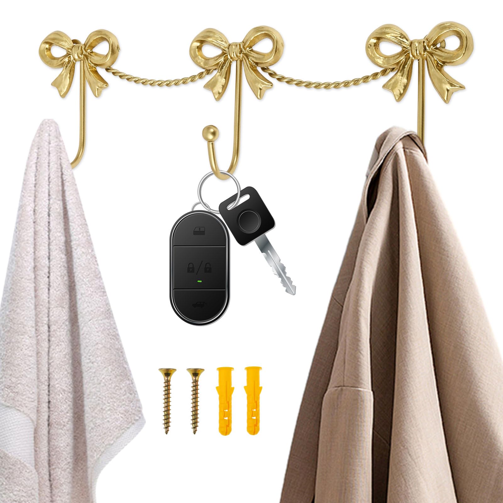 Menibbler Gold Triple Bow Shape Wall Hook Cute Butterfly Door Hangers Decorative Strong Load Bearing Hue Triple Bow Style Towel Hanger For Home Office Bathroom Kitchen Entrance