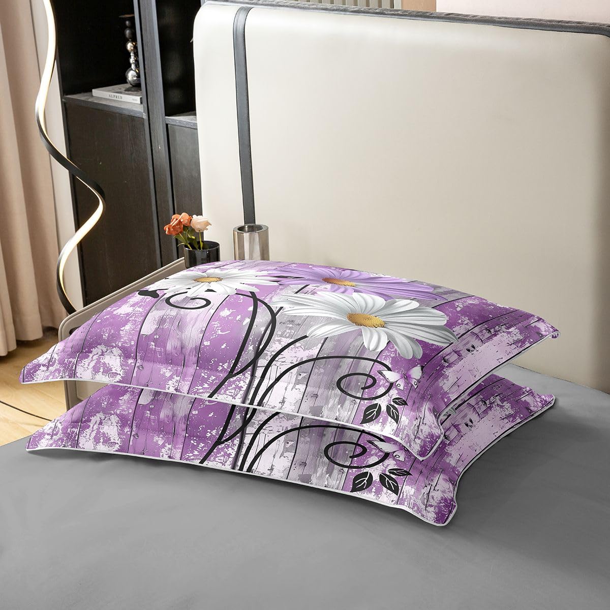 Homewish Zestaw pościeli na łóżko podwójne, fioletowe stokrotki, z 2 poszewkami na poduszki, rustykalny kwiat, bawełna, poszewka na kołdrę, dom wiejski, polny kwiat, zestawy pościeli z kwiatami i