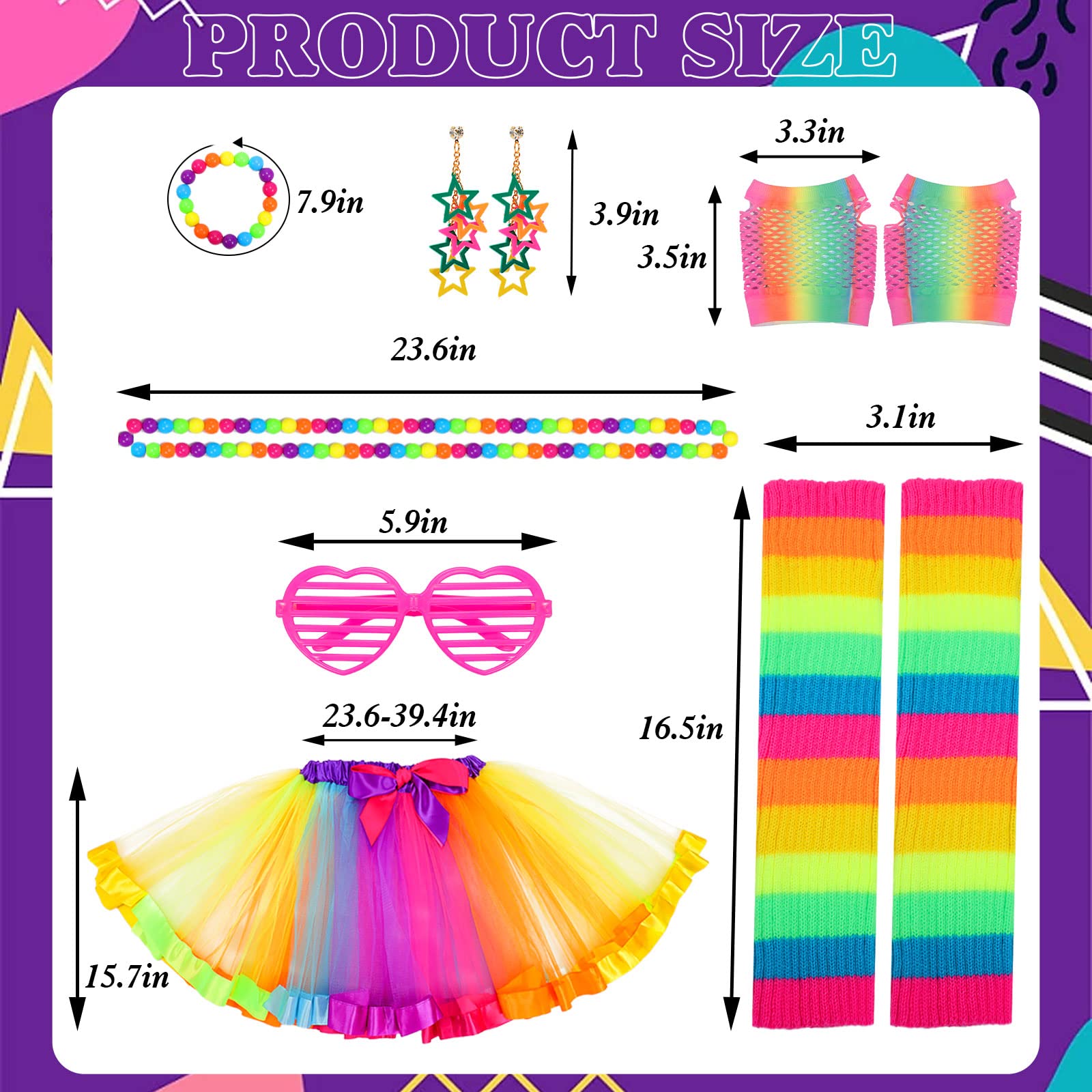 Hifot 80s Fancy Dress for Women,1980s Neon Accessories Set Rainbow Tutu Skirts Leg Warmers Gloves Glasses Earrings Bracelet Necklace Retro Party Costume - Image 2