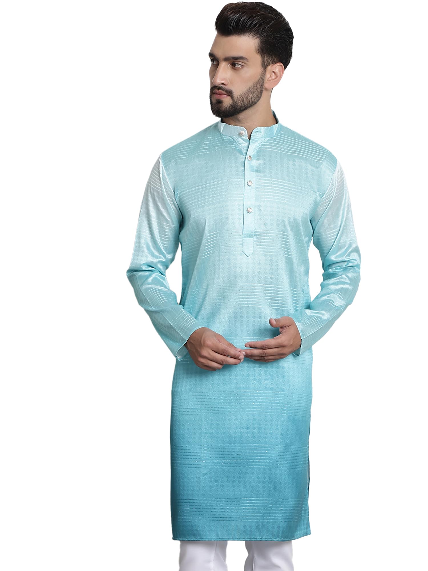 Sojanya (Since 1958 Men's Jacquard Silk Multi Shade Sea Green Color Kurta With Sequence