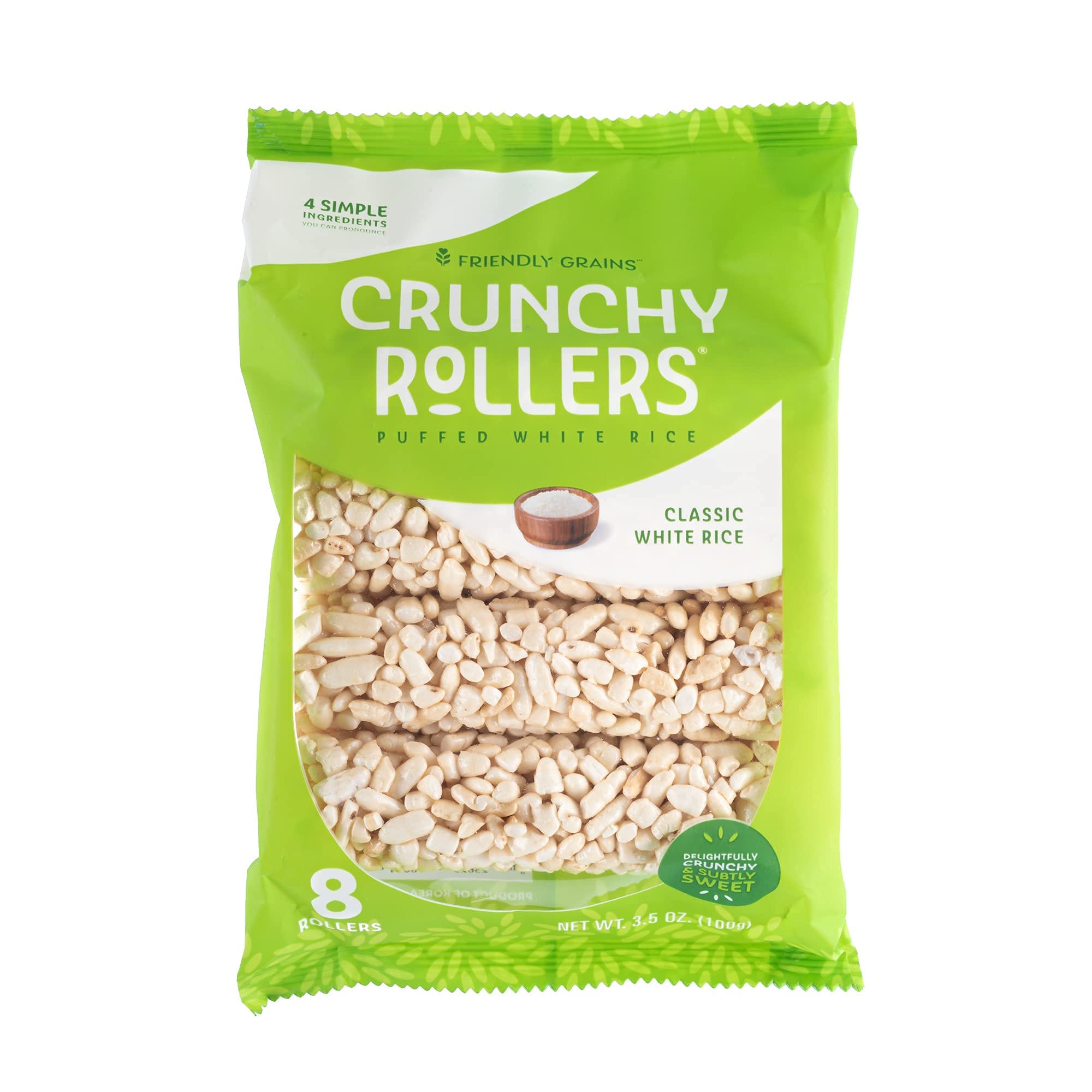 Friendly Grains - Crunchy Rollers - Organic Rice Snacks, Crispy Puffed Rice Rolls, Healthy Snack Rolls for Adults and Kids - Classic White Rice - 3.5 oz Individual Packs (4 Packs of 8)