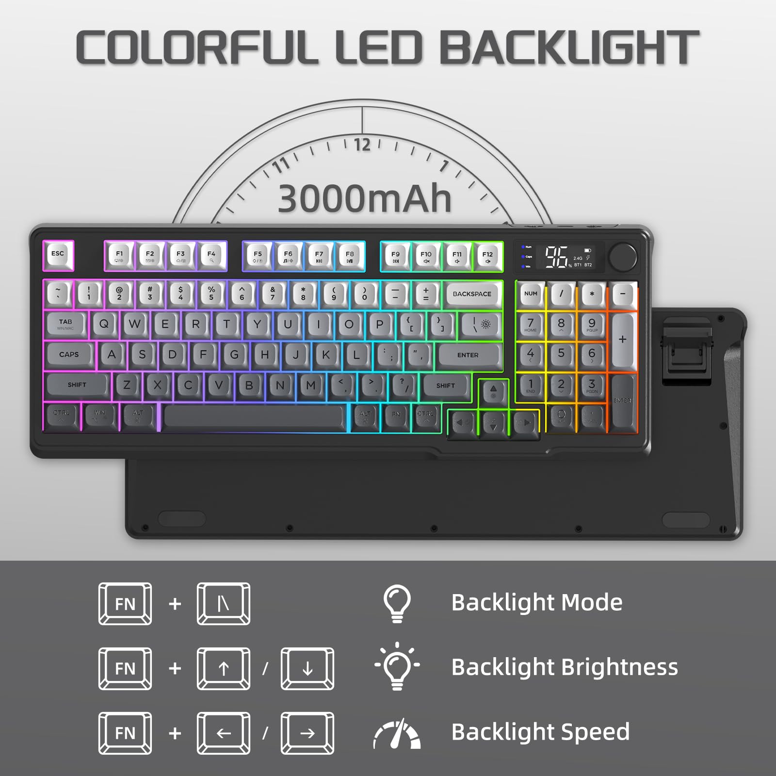 FREEWOLF M96 bezprzewodowa klawiatura membranowa do gier, sterowanie przyciskami Bluetooth/2,4 G bezprzewodowe, mechaniczne odczucia, podświetlenie LED, wyświetlacz, nasadka na klawisz PBT, 3000 mAh
