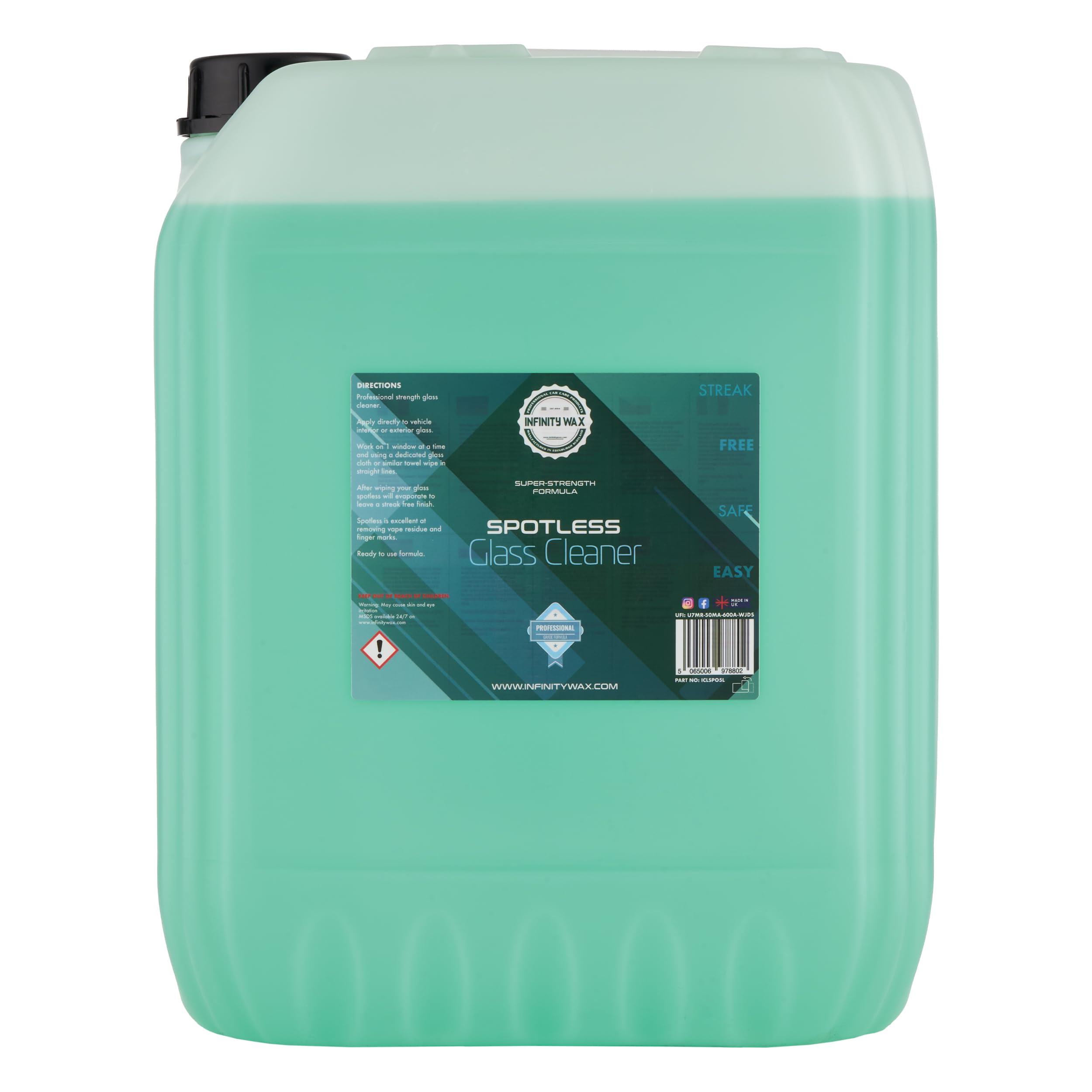 Infinity Wax Spotless Glass Cleaner 20L – Trade-Size Automotive Glass Cleaner Streak-Free, Anti-Static, Fast-Drying Pro Performance for Valeting & Detailing No Smears or Residue