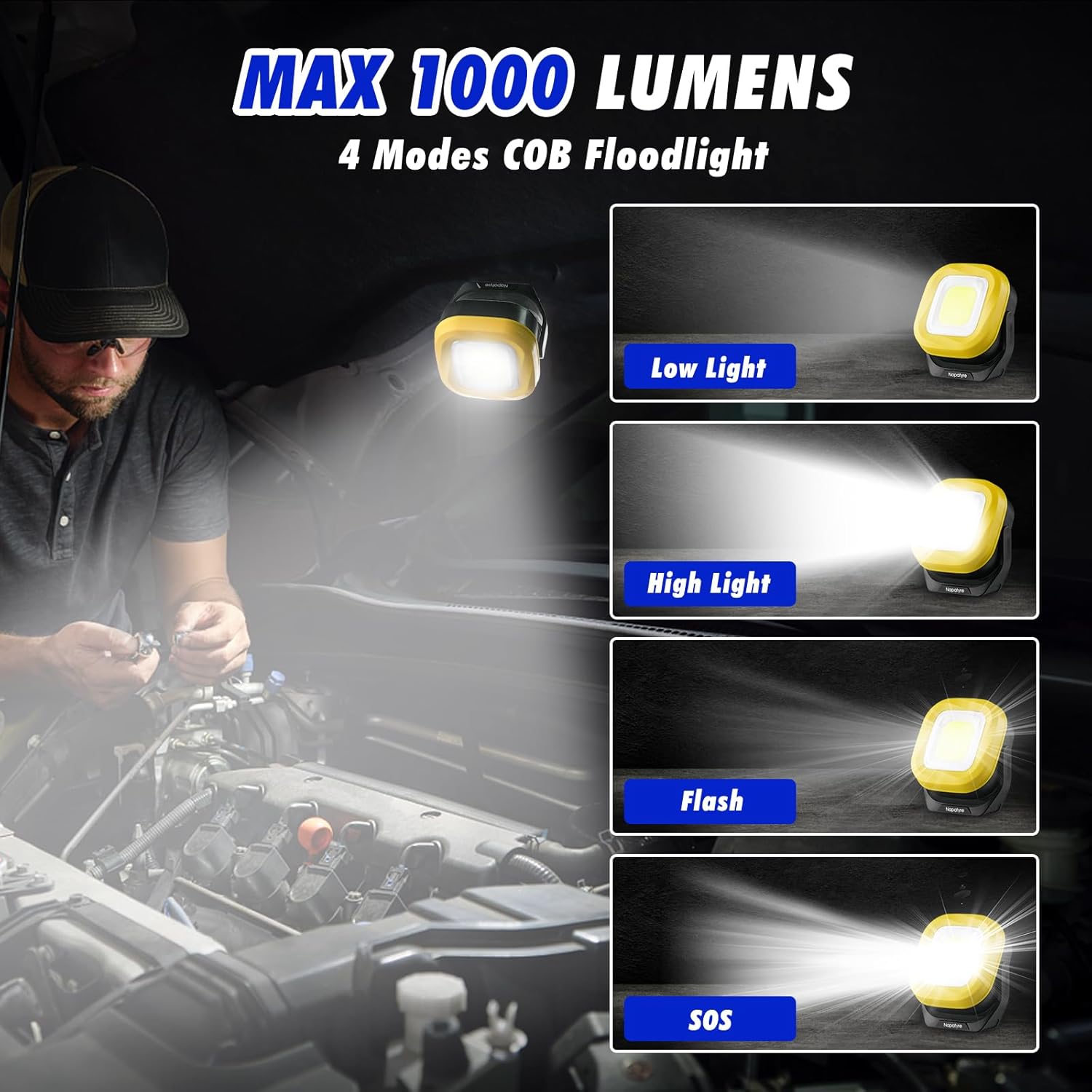 Rechargeable LED Work Light,1000 Lumens Magnetic Light with 180° Rotate 4 Modes, Portable Mechanic Light for Car Repair, Camping, Emergency (2 Pack)