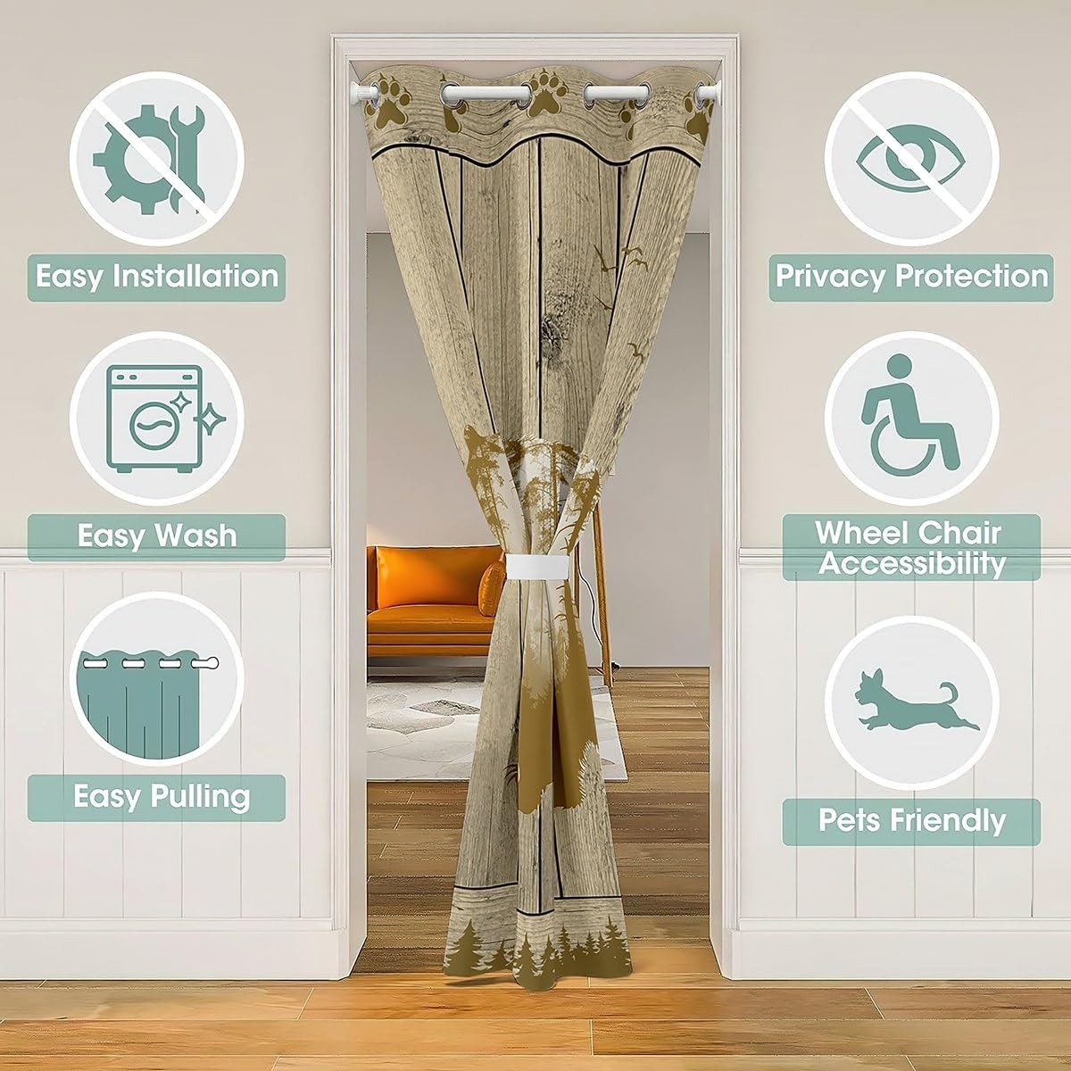Bear Silhouette Doorway Curtain,1 Panel 42" W X 80" L,Wild Animal Jungle Trees Plants Door Curtain for Clost Door,Patchwork Stripes Rustic Style 30%-50% Blackout Door Drape for Bedroom Privacy