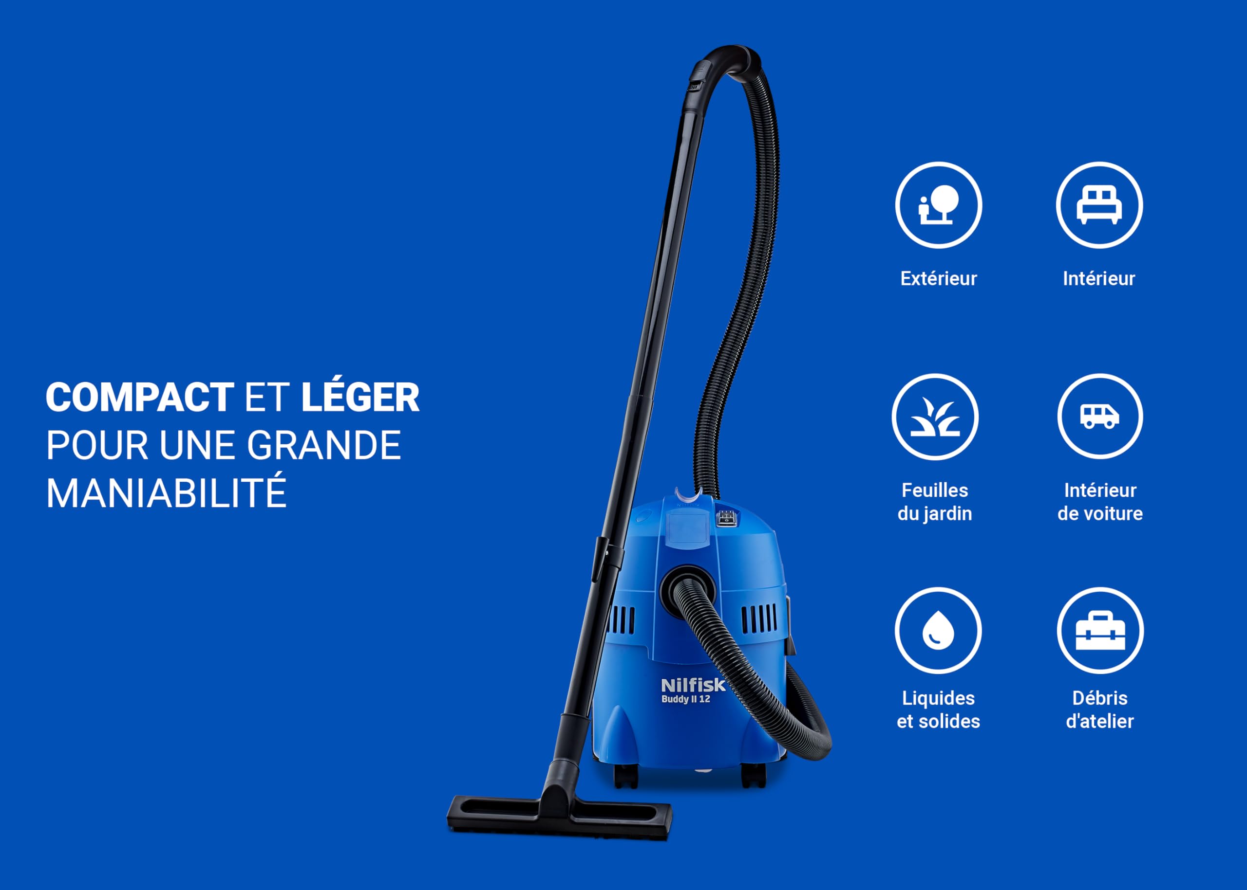 Nilfisk Buddy II 12L Aspirateur Eau et Poussière pour la Maison, Jardin et Voiture - Utilisation Intérieure et Extérieure (1200 W)