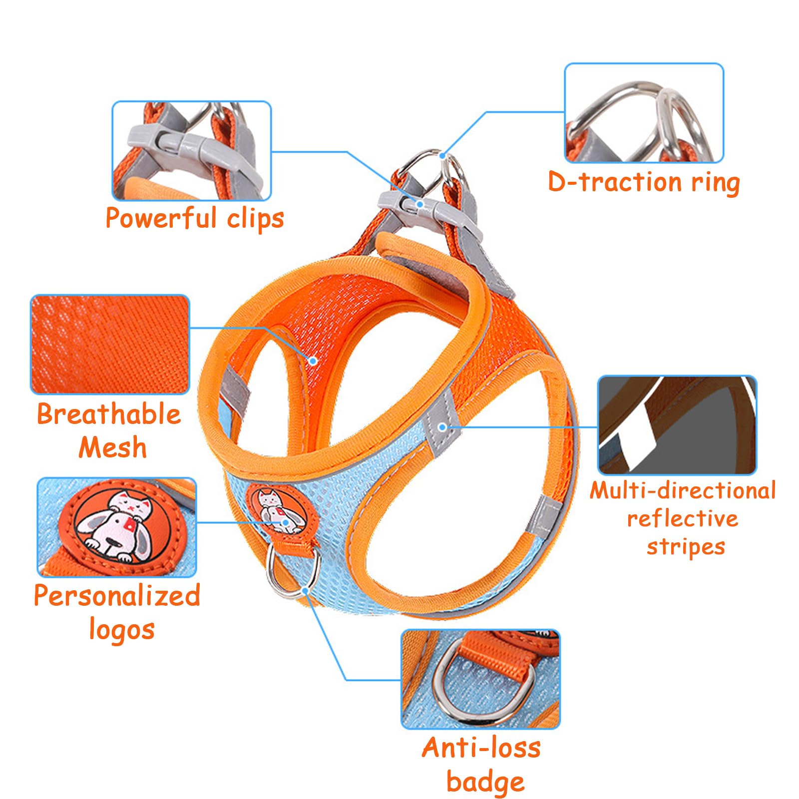 BSITSSS Cat Harness and Lead Set, Adjustable Soft Mesh Cat Harness with Reflective Strips, Escape-Proof Design, Blue & Orange, M - Image 2