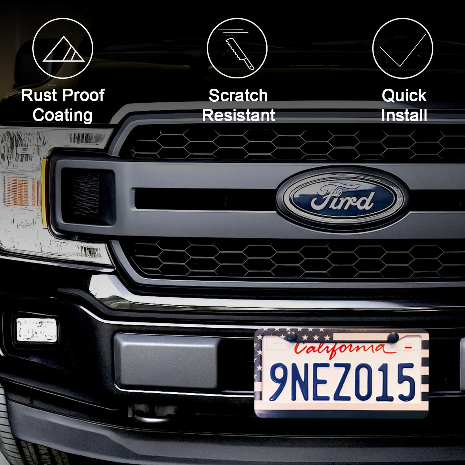 Black License Plate Frames, 2 Pack Matte Aluminum Universal Car Tag Frame for License Plate for License Plate, Automotive Exterior Accessories with Screw Caps for Men & Women (American Flag)
