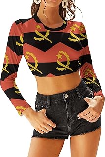 Angola Flag Women's Scoop Neck Basic Crop Top Solid Long Sleeve T-Shirt