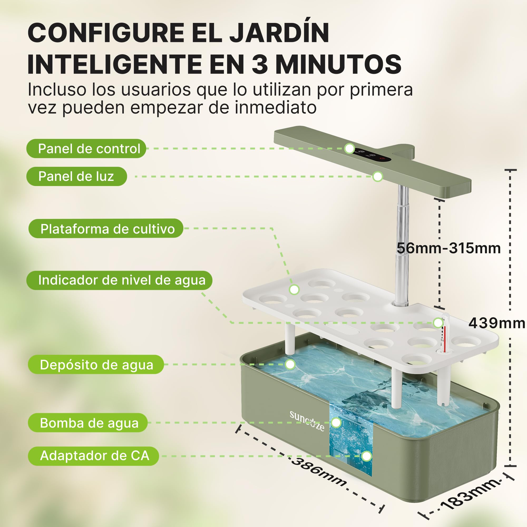 SUNCOZE Sistema de Cultivo Hidropónico Kit de Cultivo Interior con Iluminación LED Automática, Smart Garden 12 Pods, Altura Regulable, depósito de Agua de 4 l, Bomba silenciosa