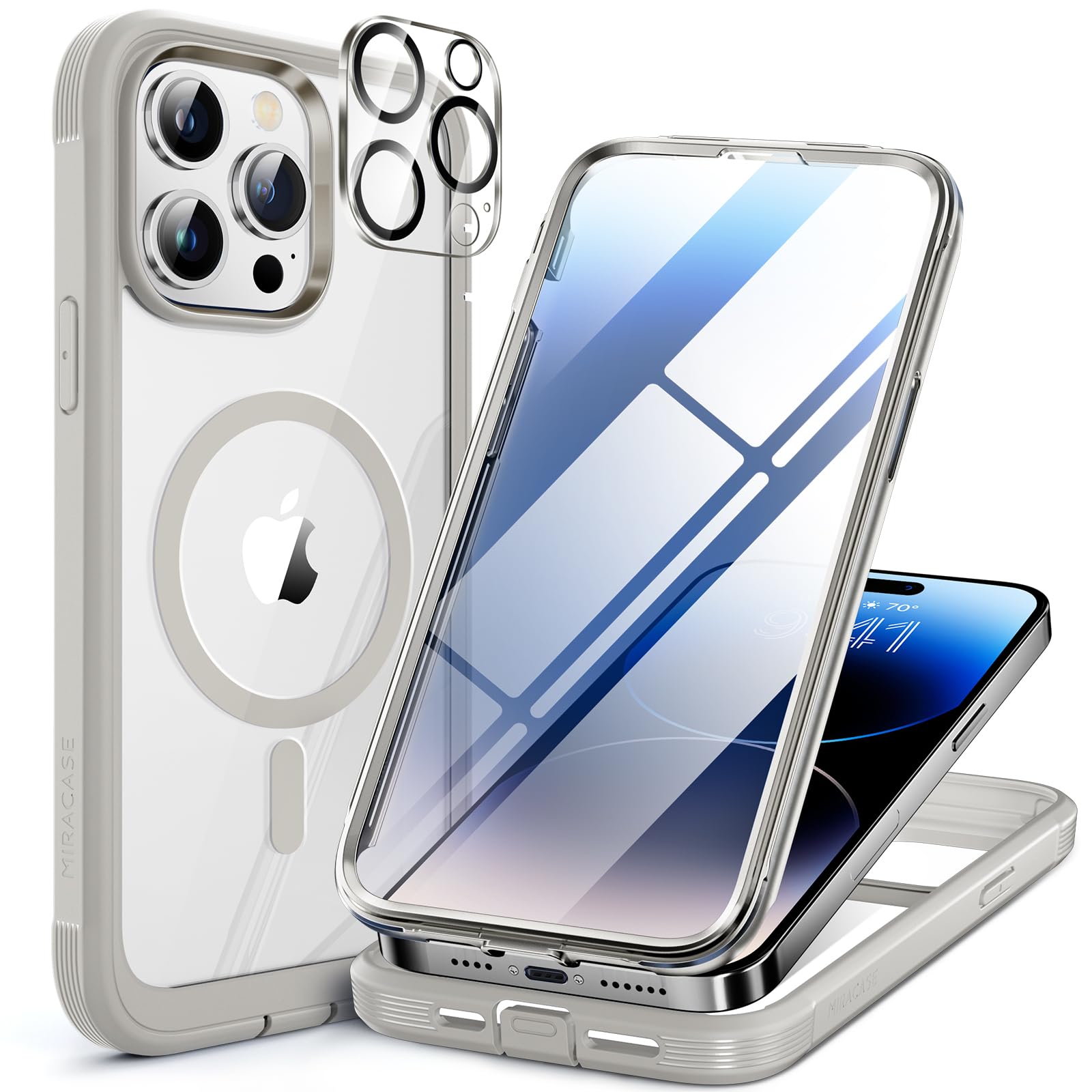 miracase Magnetic for iPhone 14 Pro Case 6.1 inch, (Compatible with MagSafe) Upgrade Full-Body Clear Phone Bumper Case with Built-in 9H Tempered Glass Screen Protector, Magnetic Gray