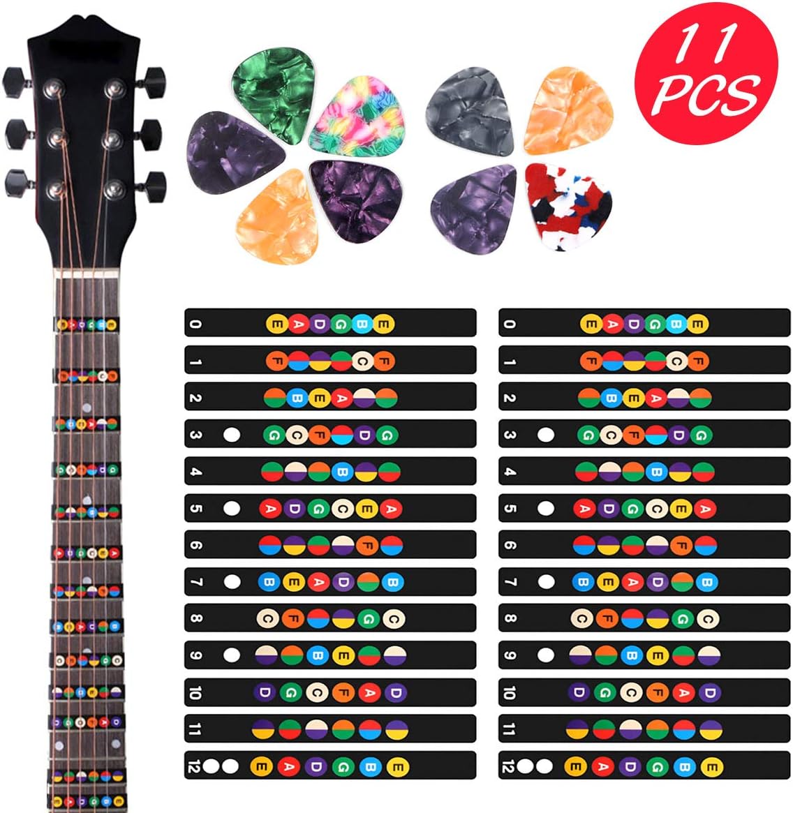 2 Sheets Guitar Fretboard Note Decals Scale Sticker Neck Fingerboard Frets Sticker for Beginner For 6 Strings Acoustic Electric Guitar & 9 Packs Guitar Picks