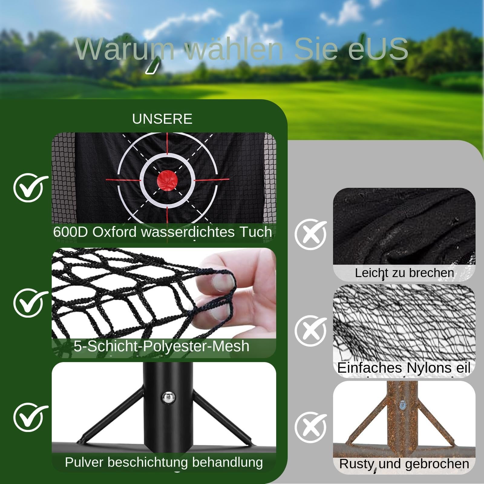 Golf-Übungsnetz, 300 x 210 cm großes Golfnetz mit Seitenbarrieren/automatischer Ballrückführung, geräuscharmer Zielscheibe, Tragetasche, 4 Heringen, Übungsnetz für Indoor/Outdoor-Training