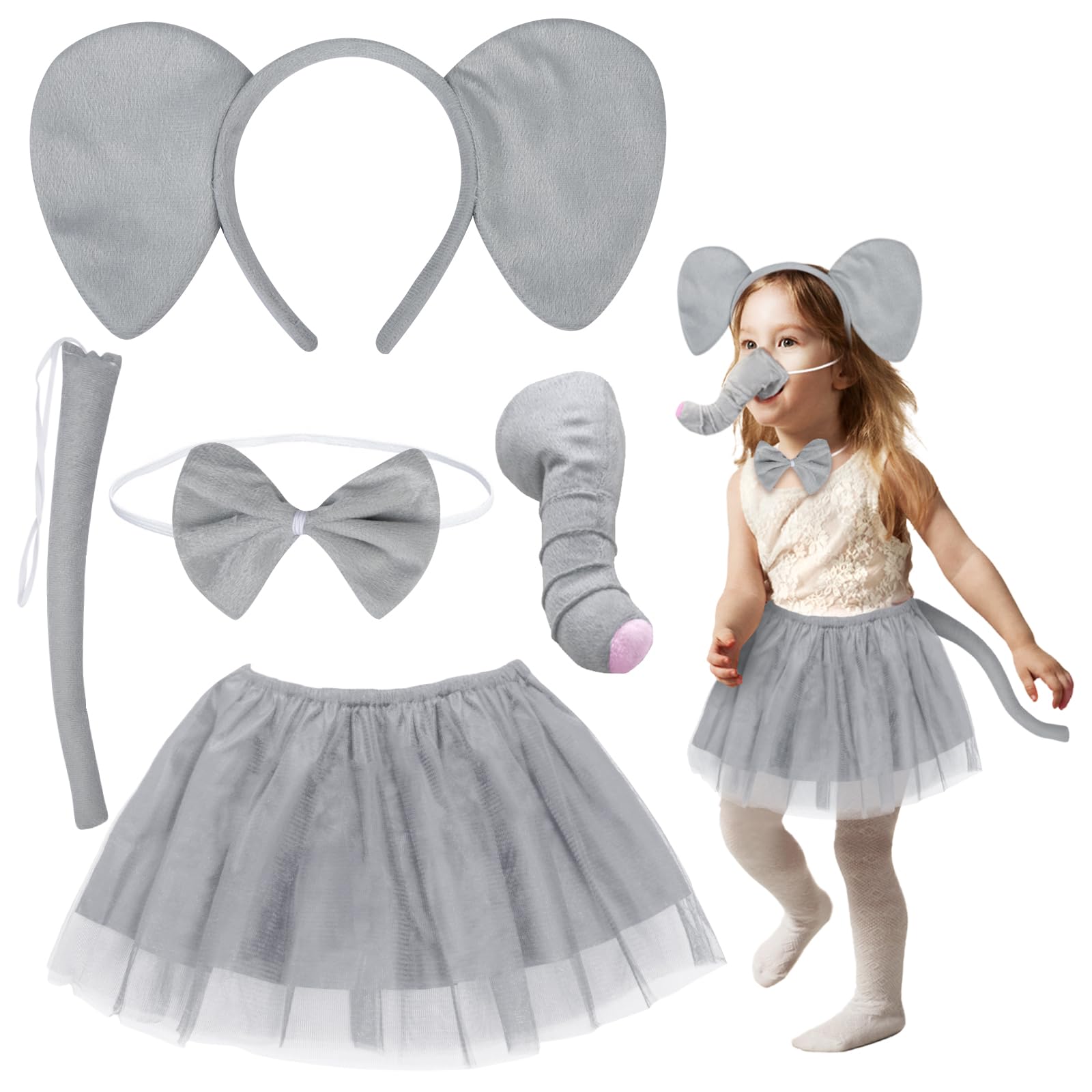 Fennoral 5pz Set Disfraz de disfraz Elephant Children Climes Animales Niños Costume Elefante -Fascia Ears Papillon Coda Naso Tutú Tul -Para Halloween Disfrazado Carnaval Cosplay Fiesta Regalo