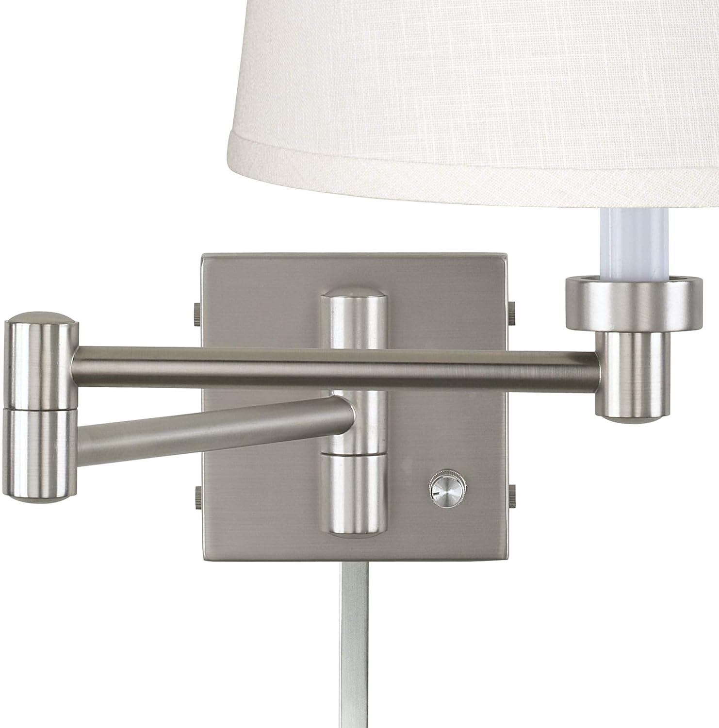 Possini Euro Design Modern Swing Arm Wall Lamp with Cord Cover Brushed Nickel Plug-in Light Fixture White Linen Tapered Drum Shade for Bedroom Bedside House Reading Living Room Home Hallway Dining