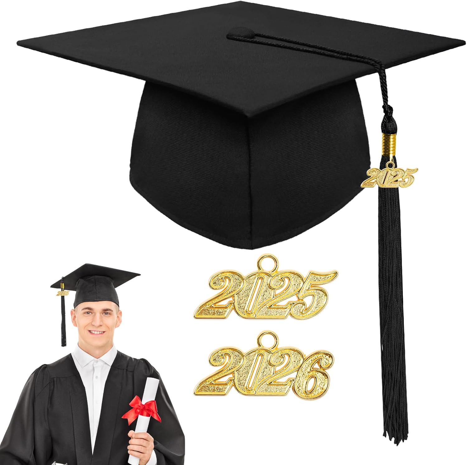 Unisex Matte Graduation Cap with Gold 2025/2026 Year Tassel Charm,Graduation Hat for Adults Bachelor Master