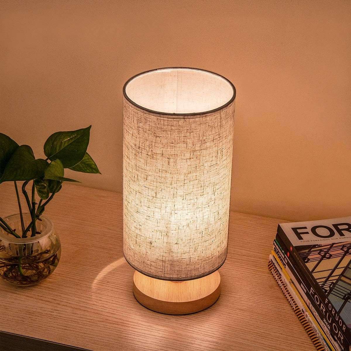 TESLACOM Desk Lamps,Bedside Table Lamp,Solid Wood Lamps Nightstand Mini UL Listed Fabric Shade for Bedroom,Living Room,Kids Room,College Dorm,Coffee Table,Bookcase (Wood Color and Round)