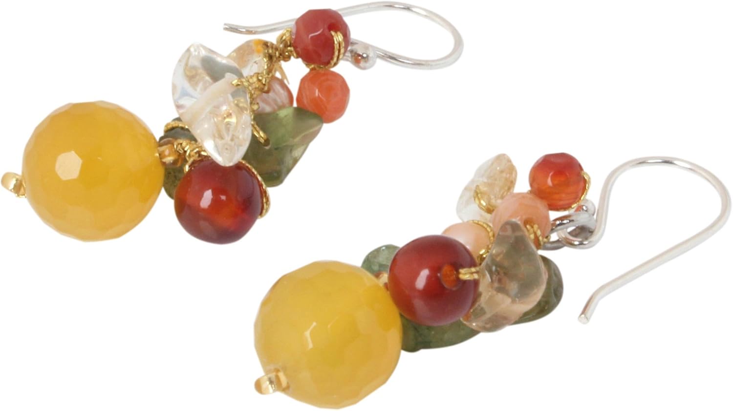 NOVICA Artisan Handmade Multigemstone Cluster Earrings | Pearl, Quartz, Carnelian, Peridot & Citrine | Beaded Sterling Silver | Thailand Jewelry | 'Buttercup Primrose' | 1.6" L x 0.5" W