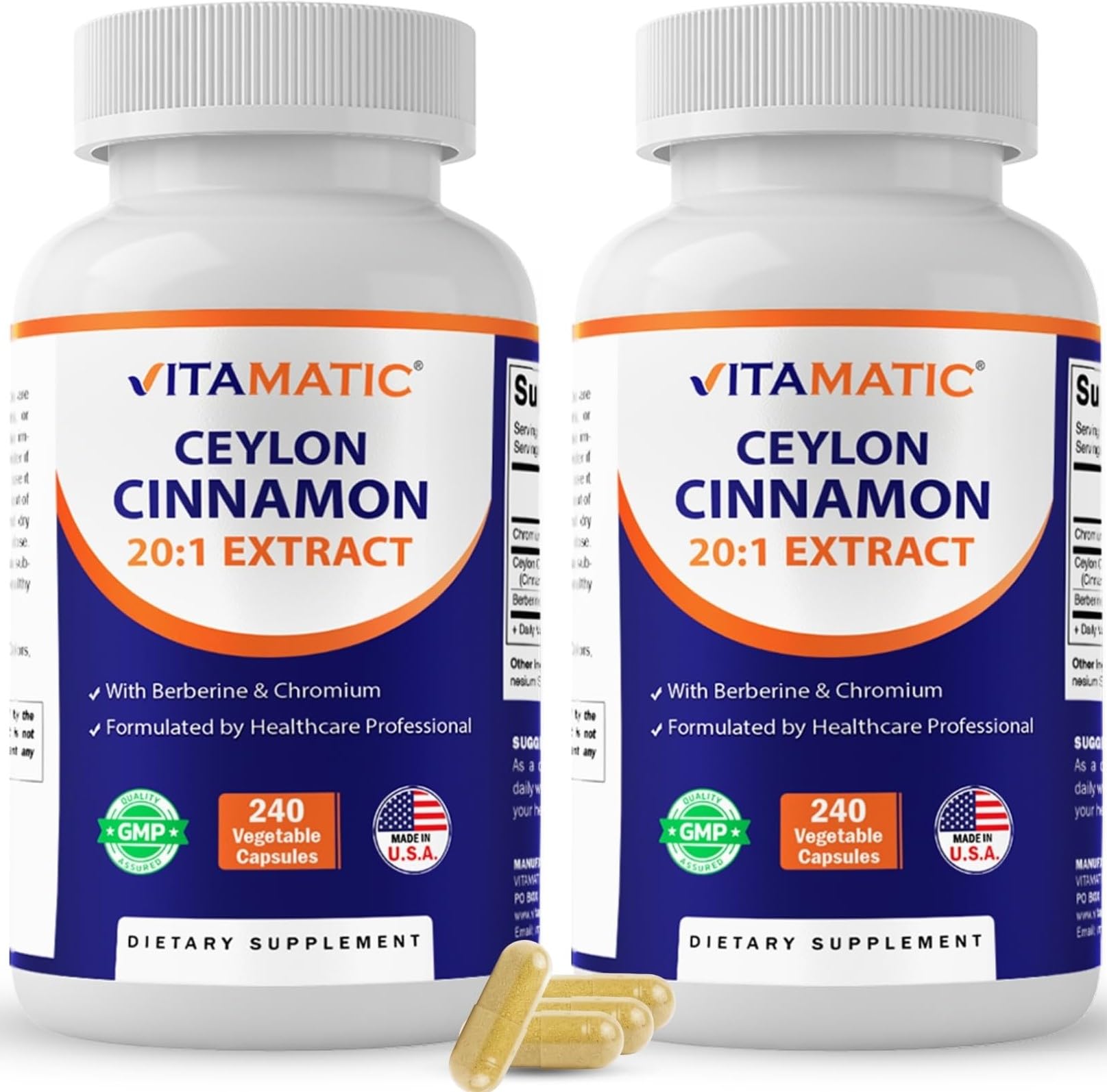 Vitamatic Suplemento de Canela-do-Ceilão com Berberina HCl e Cromo 500 mg + 50 mg + 400 mcg, 480 cápsulas vegetais