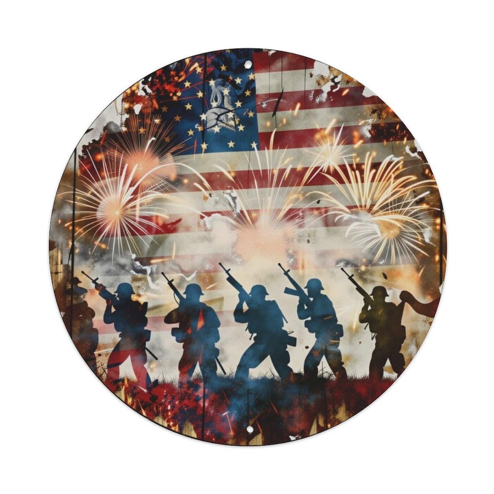 Vintage American Flag Soldier Silhouette Fireworks Round Memorial Metal Sign Vintage Aluminium Metal Sign, Retro Wall Decor for Home, Bar, Garage & Farmhouse 20x20cm