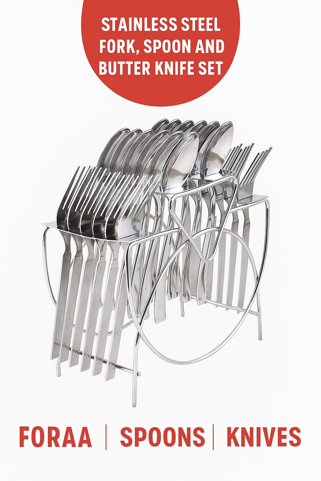 Stainless Steel Cutlery Stand - Forks & Spoons Included -6