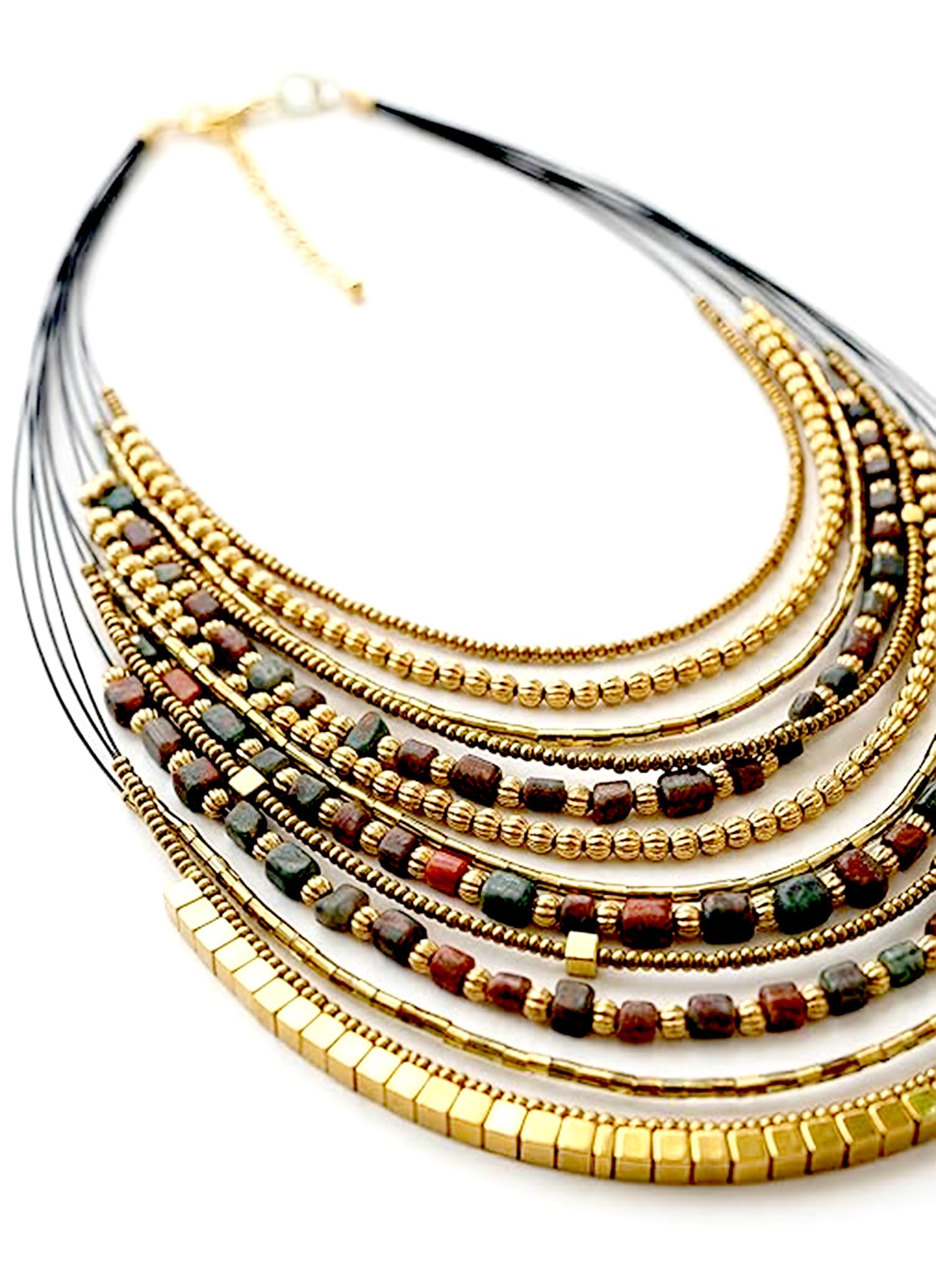 Handmade Multilayer Beaded Fashion Statement Necklace, Red and Gold, Boho Tribal Style, Adjustable Clasp for Saree,Dress,Kurti,Westernwear for Women and Girls-image-42