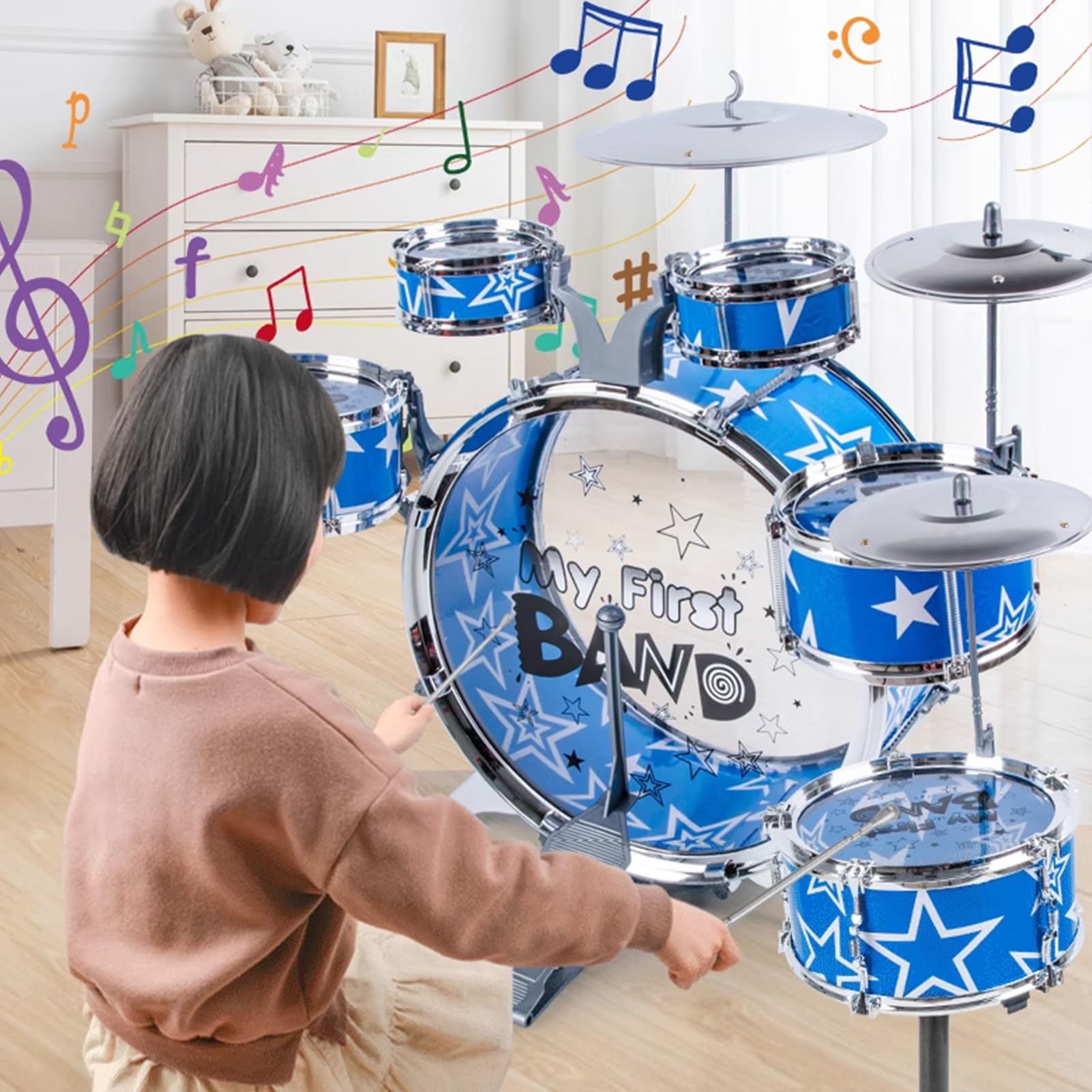 MEBEGIN Jazz Drum Set for Kid, Musical Instruments 5 Drums Set with Stool Pedal Percussion, Early Education Drum Kit for Beginners, Toy Gift for Boys Girls Age Over 3+
