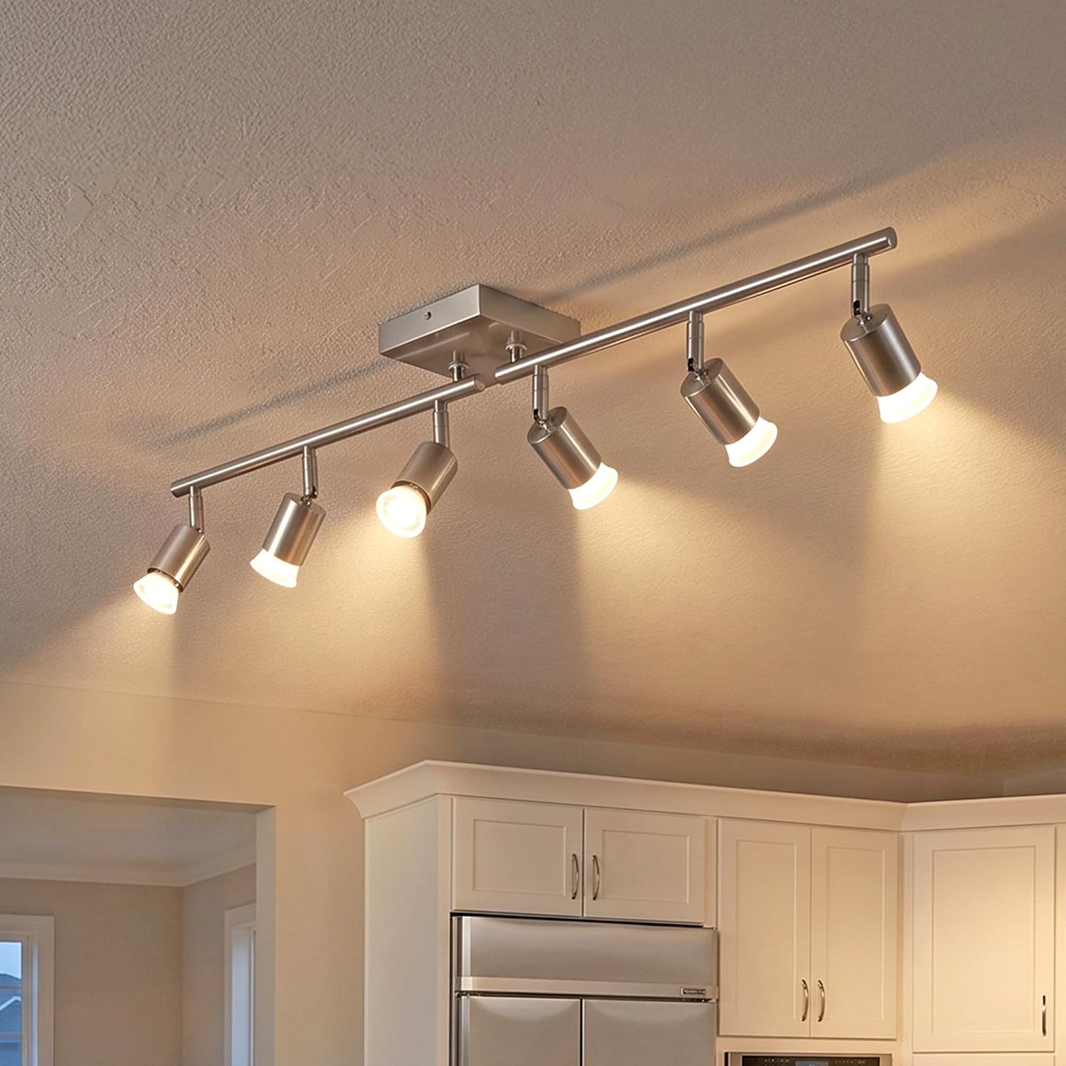 6-Light Nickel Track Lighting Kit - Adjustable GU10 Ceiling Spotlights, Modern Hardwired Flush Mount Fixture for Kitchen Island, Living Room, Hallway & Bedroom - Bulbs Not Included