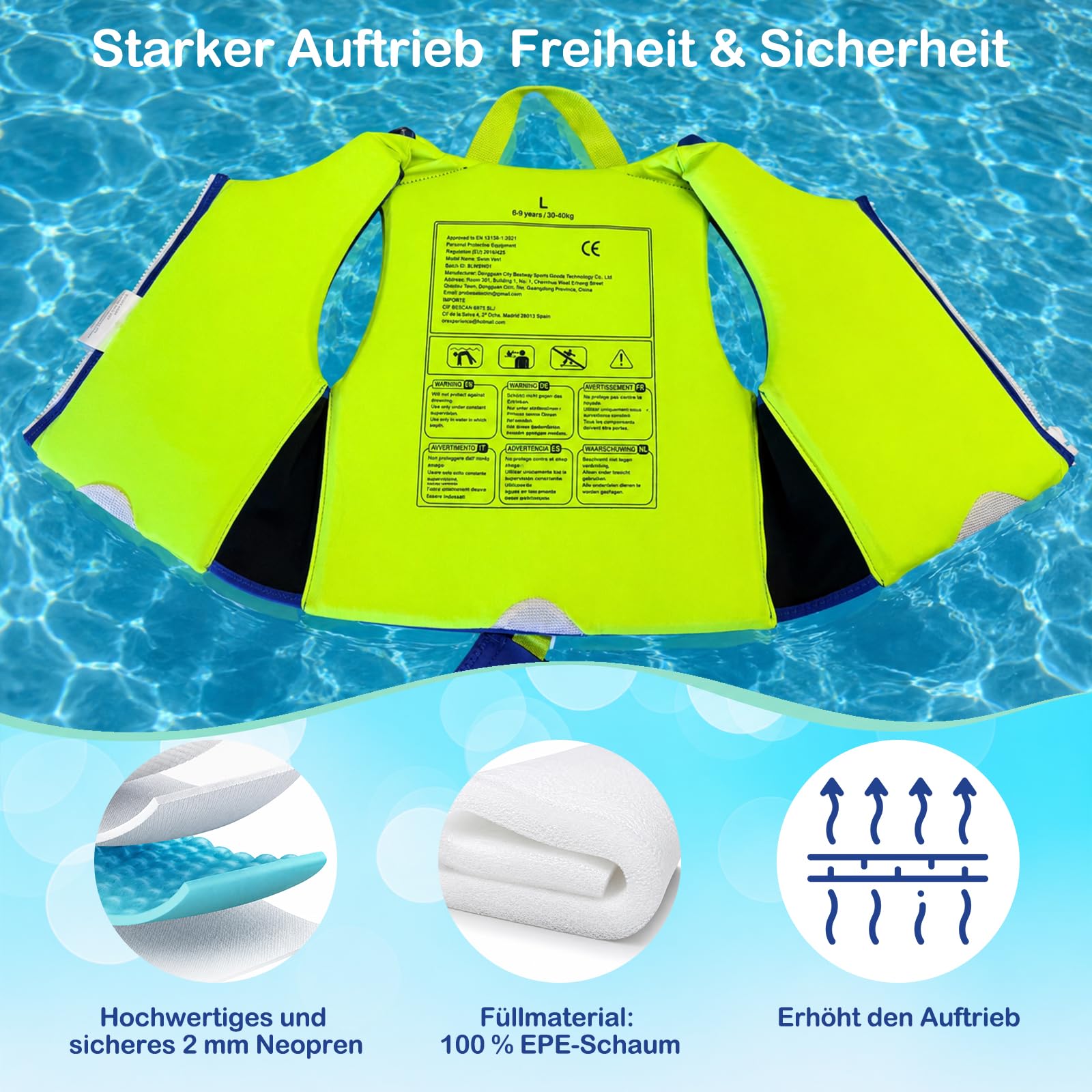 Schwimmweste Kinder TÜV geprüfte, Neopren Schwimmhilfe Kinder mit verstellbare Sicherheitsgurte, Sicher & Komfortabel, Baby schwimmwesten für Jungen & Mädchen beim Schwimmtraining-03A
