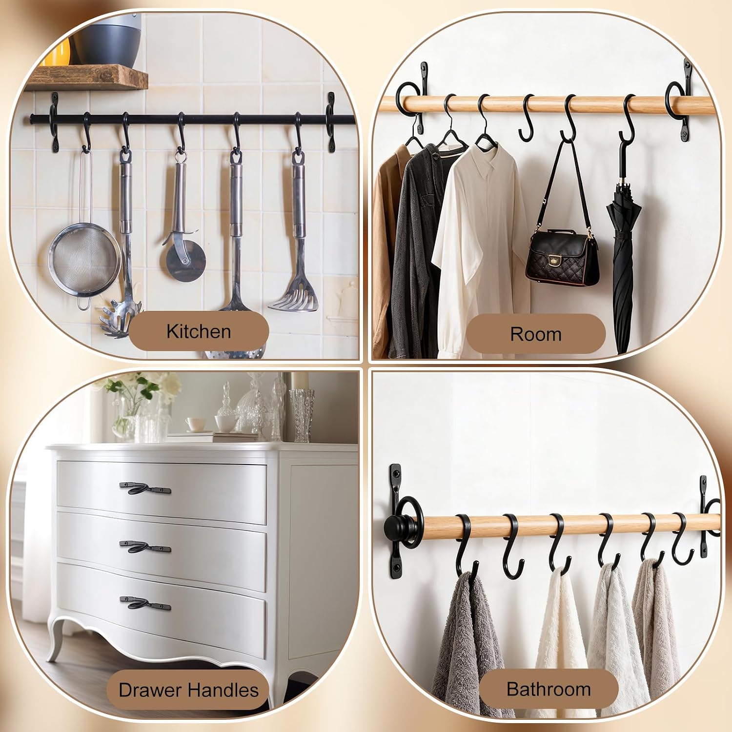 Yookeer 4 Pcs 1.5 Inch Diameter Curtain Rod Brackets Holder, Hand Forged Metal Curtain Rod Wall Hanger Rustic Closet Support with Screws for Rods Ceiling Blinds Drapes Wall Hook (Black)