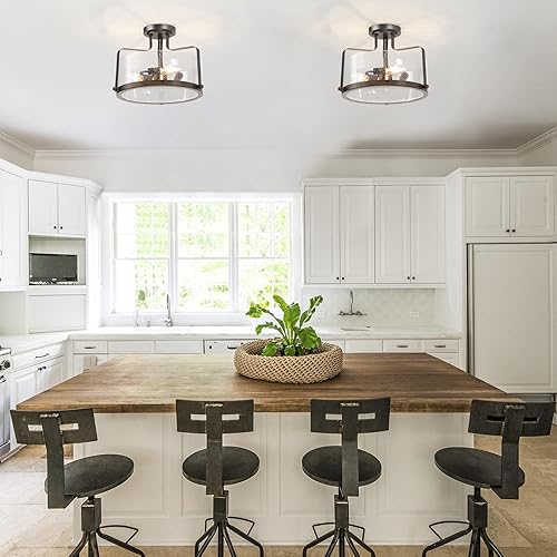 Miniatura 3 de Optimant Lighting Lámpara de techo semiempotrada estilo granja, 3 lámparas cerca del techo con vidrio sembrado para pasillo, dormitorio, comedor,