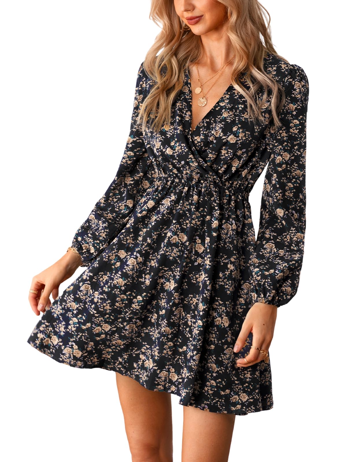 CUPSHE Women Floral Ruffle Summer Dress Surplice V Neck Long Peasant Sleeve Elastic Waist Flowy Casual Holiday Mini Dress