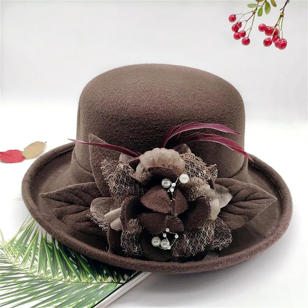 Yeuyyben Donne Floreale Cappello di Lana Primavera Inverno Cappelli Fedoras Elegante Bucket Cappelli Caldi Femminile Bombetta