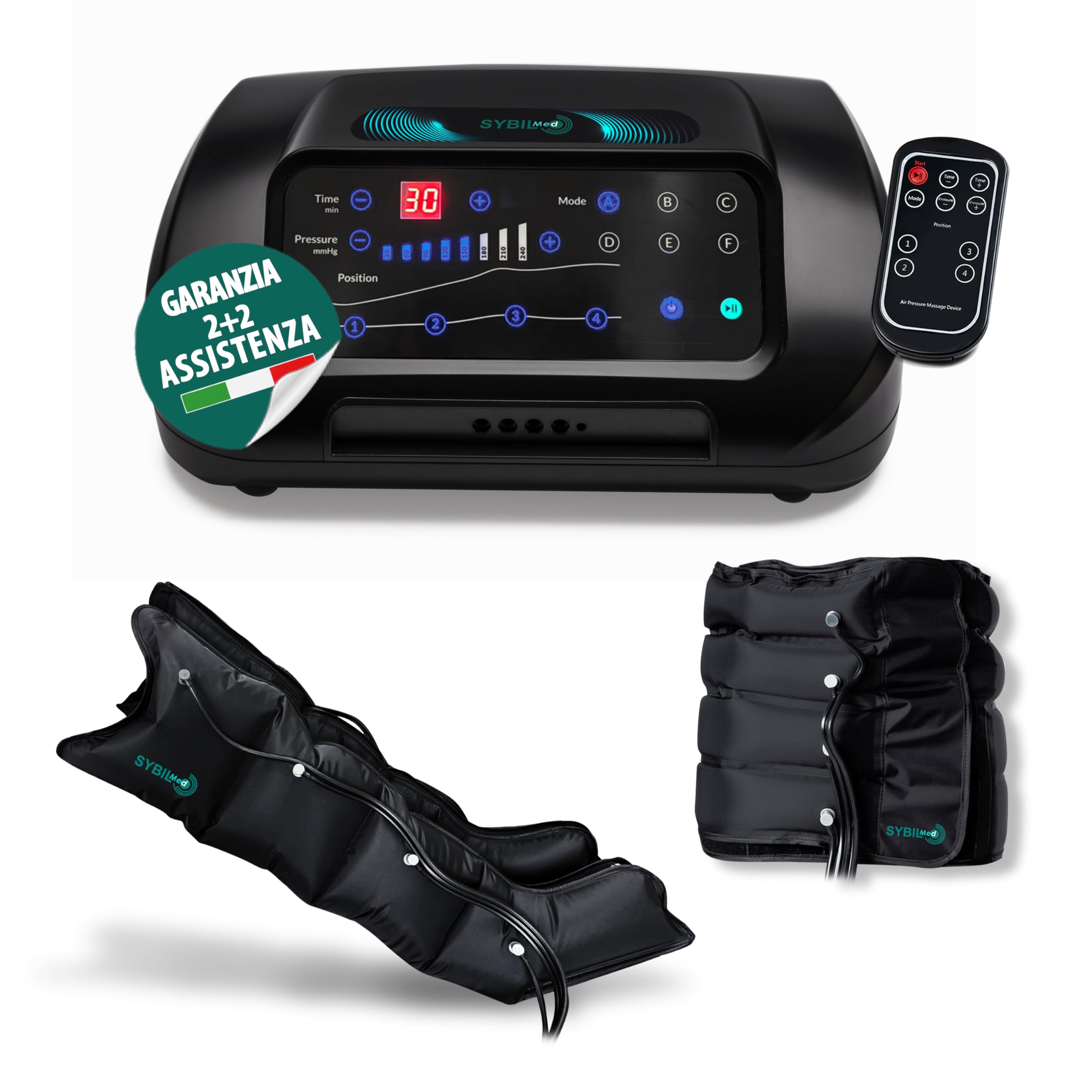 ELITE 4 Pressoterapia Linfodrenaggio Professionale Digitale, Pressoterapia per Casa e Recupero Sportivo, 4 Camere D'aria con 2 Gambali e Fascia Addominale