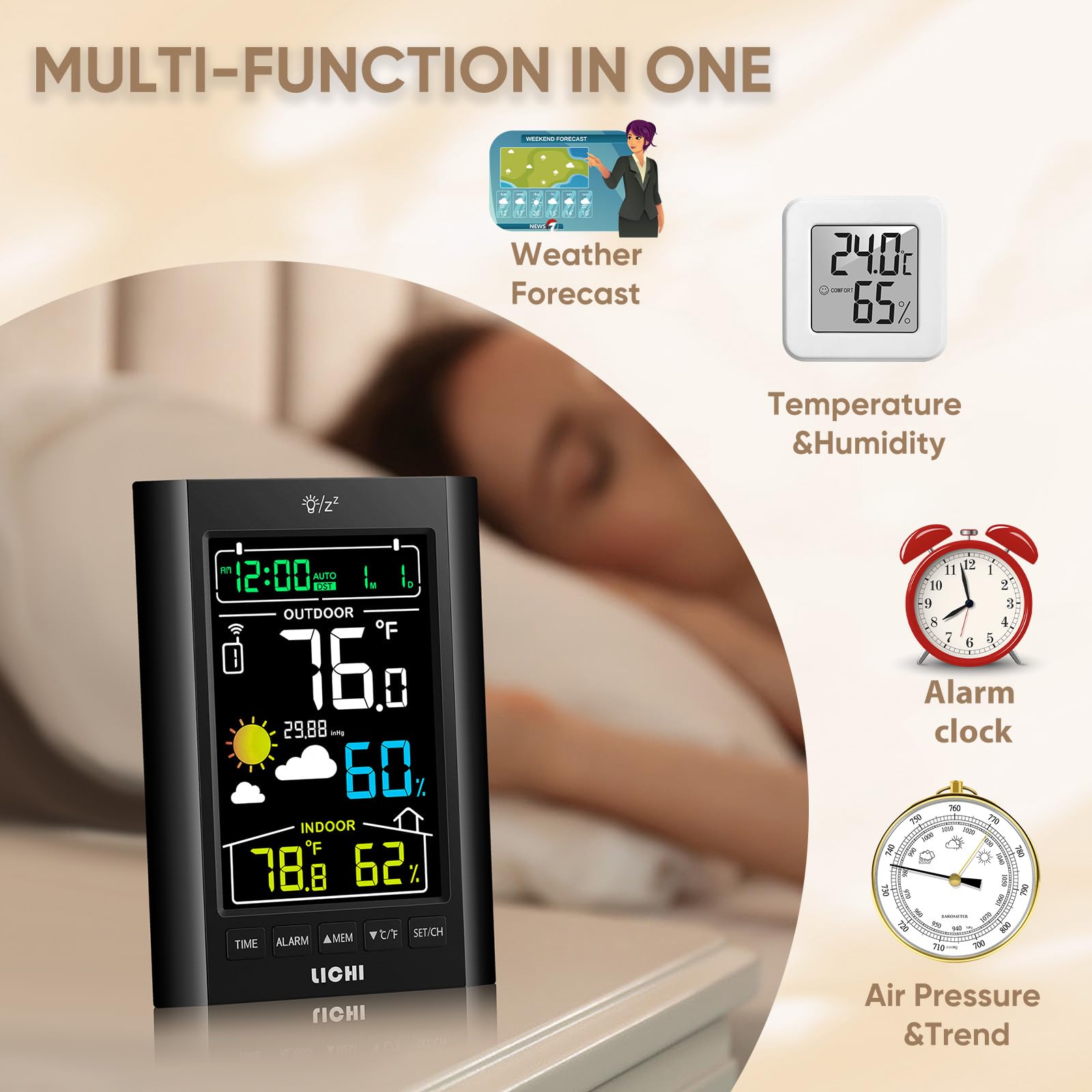 Stazione meteo wireless per interni ed esterni, monitor di umidità della temperatura interna esterna, con sensore di portata di 100 m e retroilluminazione regolabile